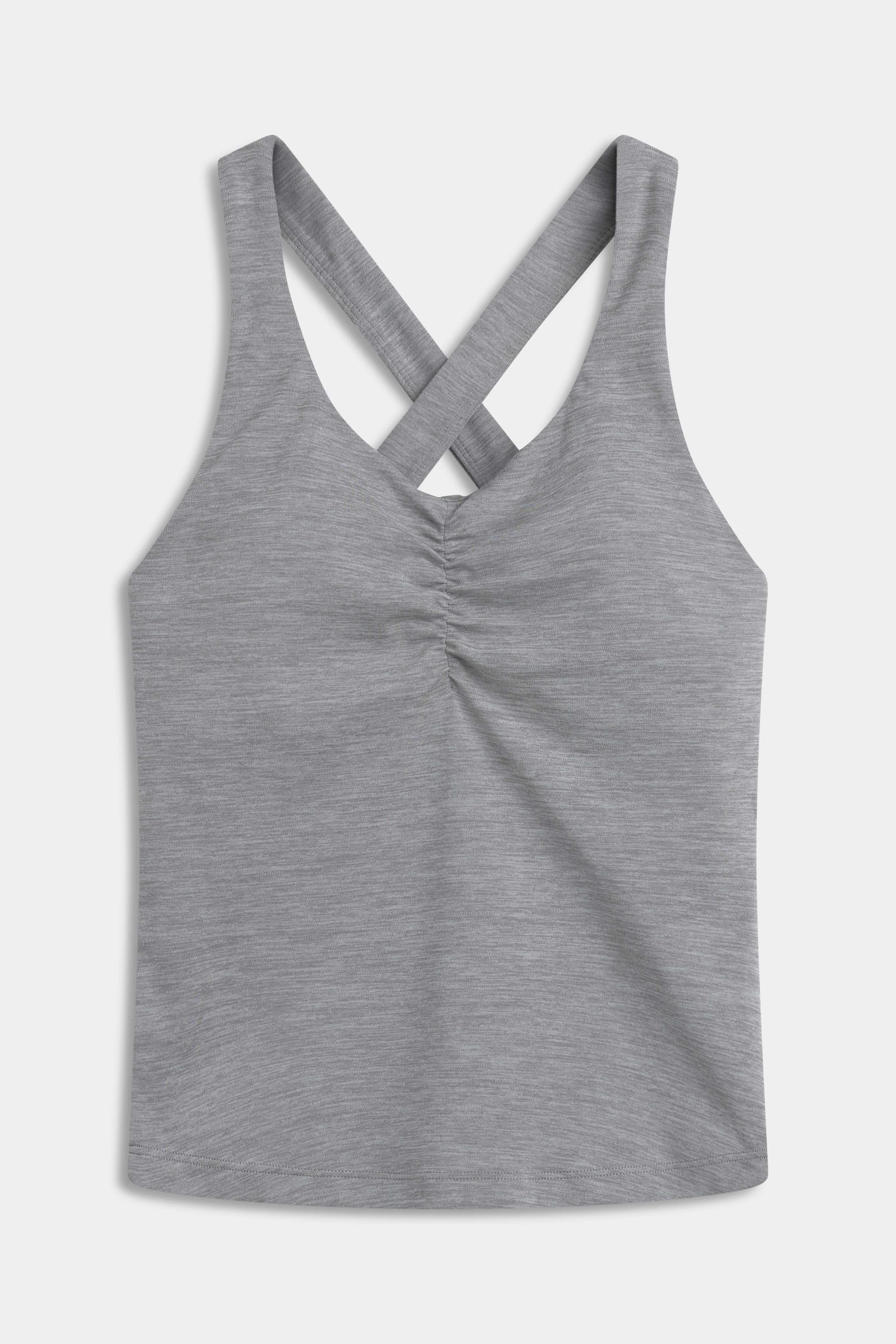 CASPARA Cloudform scrunch tank top in grey melange with ruched chest detail.