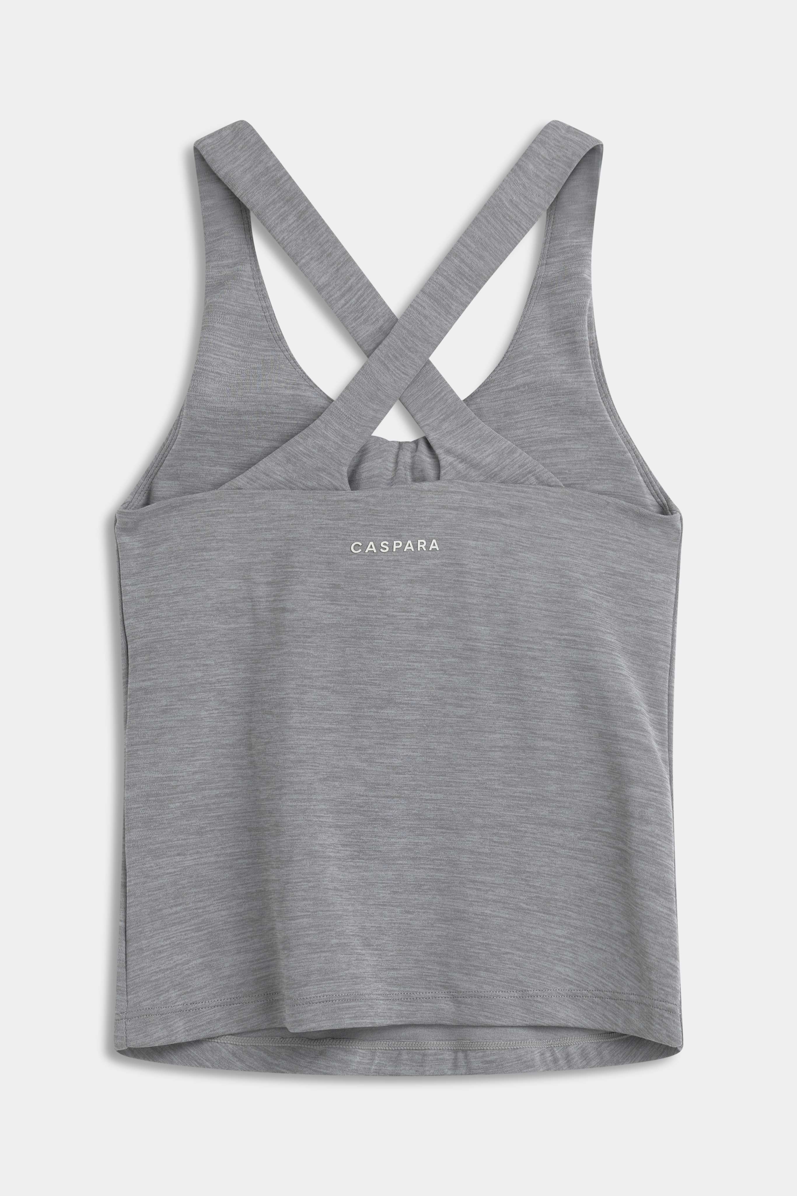 Back view of the CASPARA Cloudform Scrunch Top in grey melange with crossback straps.