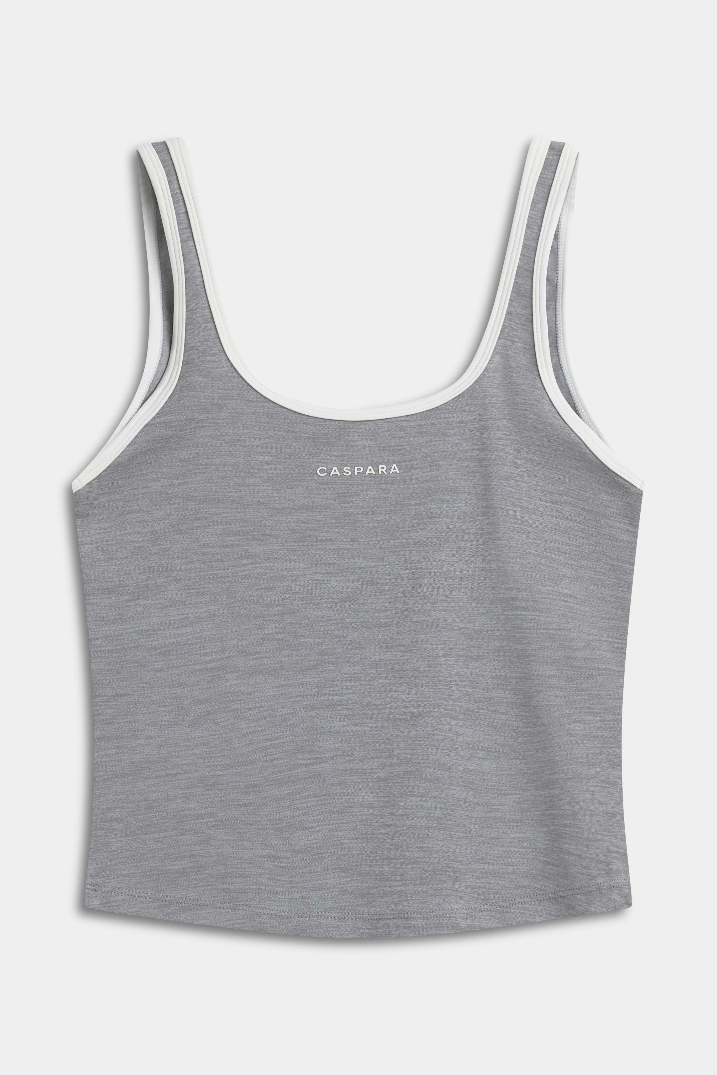 CASPARA Cloudform square neck top in grey melange with white contrast trim.