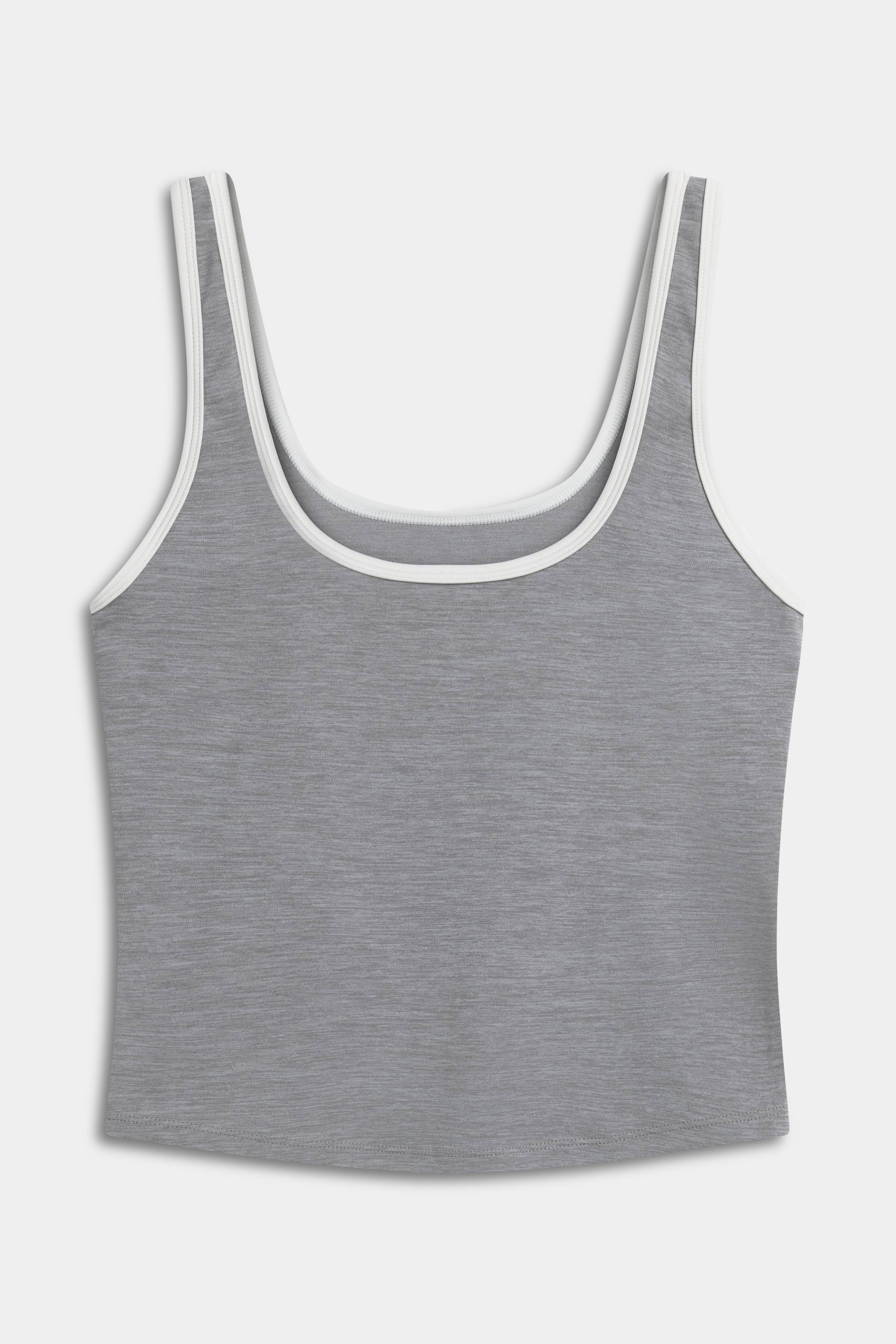 CASPARA Cloudform® square neck top in grey melange with white contrast trim on a neutral background.