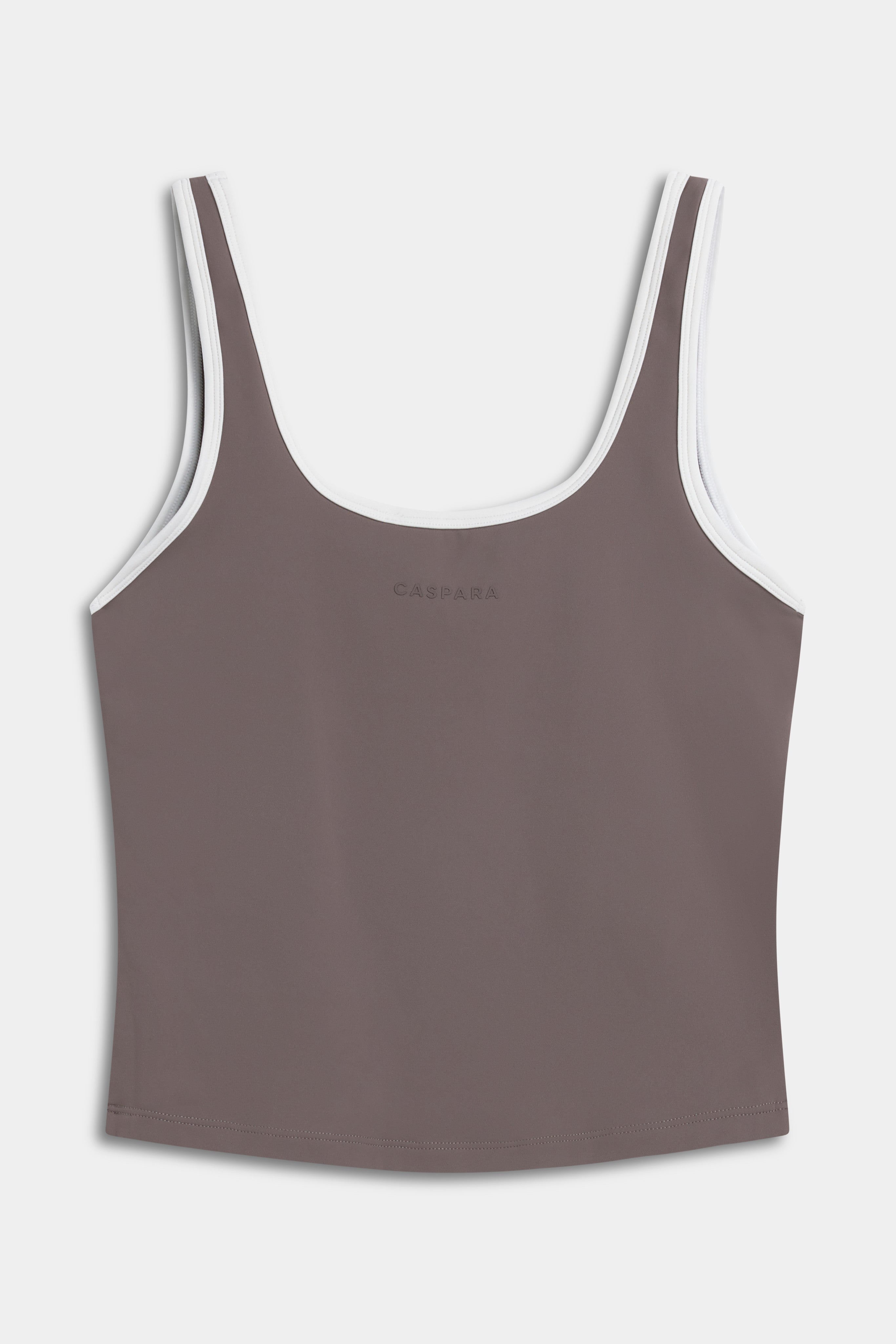 CASPARA Cloudform square neck top in walnut with white contrast trim on a neutral background.