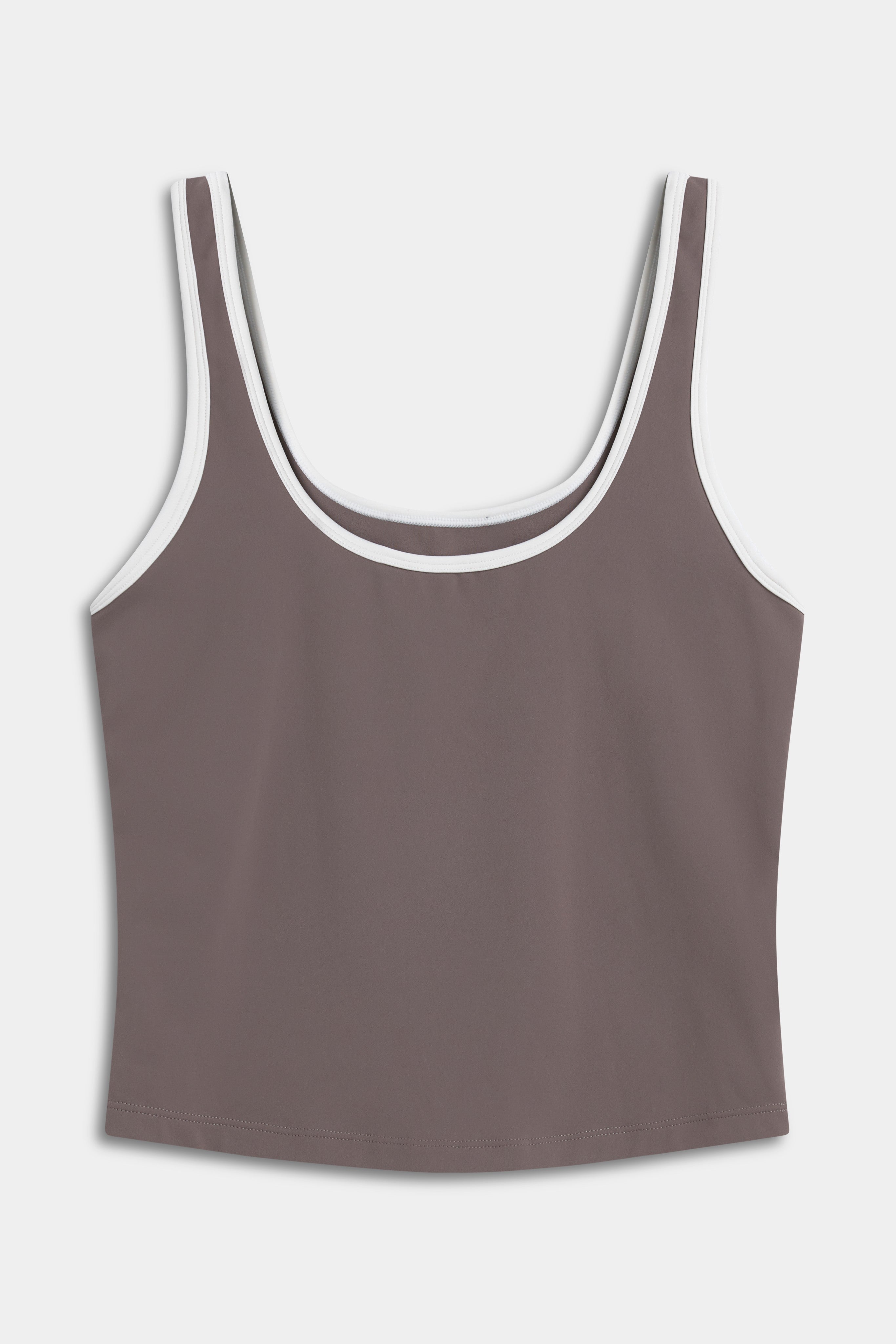 CASPARA Cloudform square neck top in walnut brown with contrasting white trim.