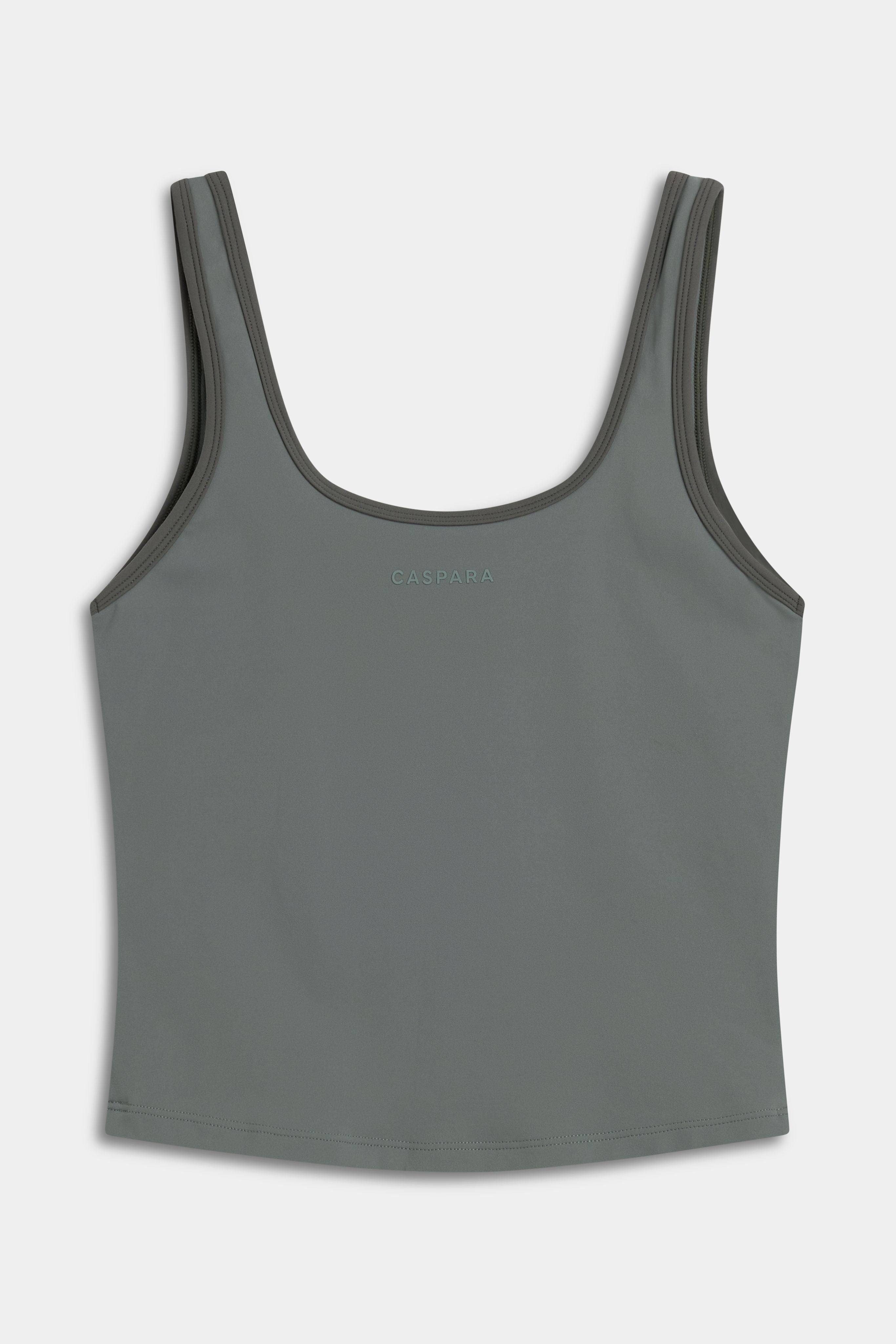 Front view of the khaki CASPARA Cloudform square neck tank top with dark trim.