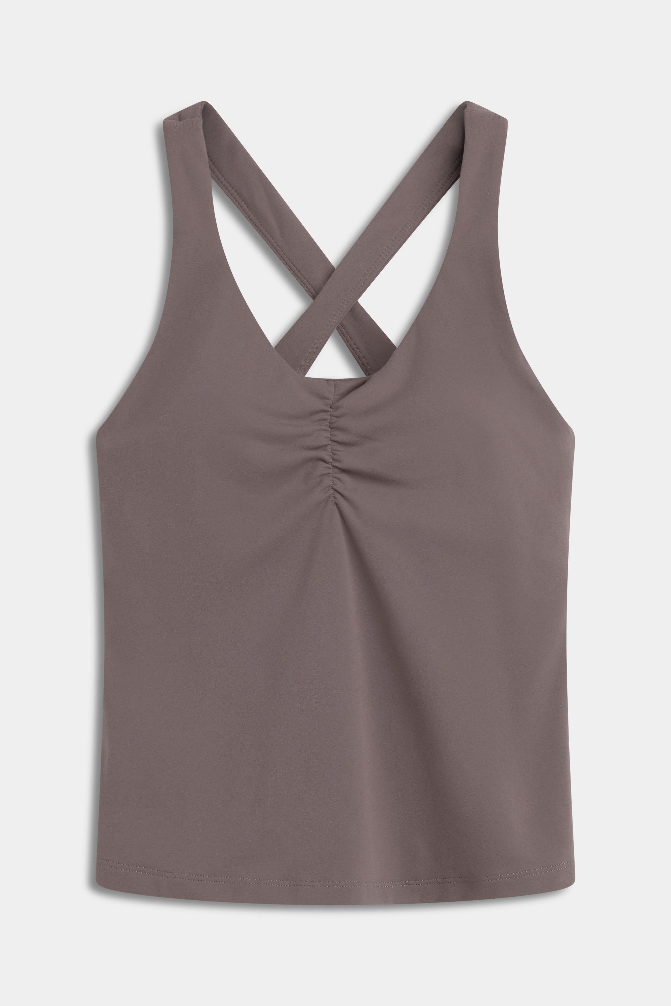 Front view of the walnut CASPARA Cloudform® Scrunch Top with a ruched front and crossed back straps.