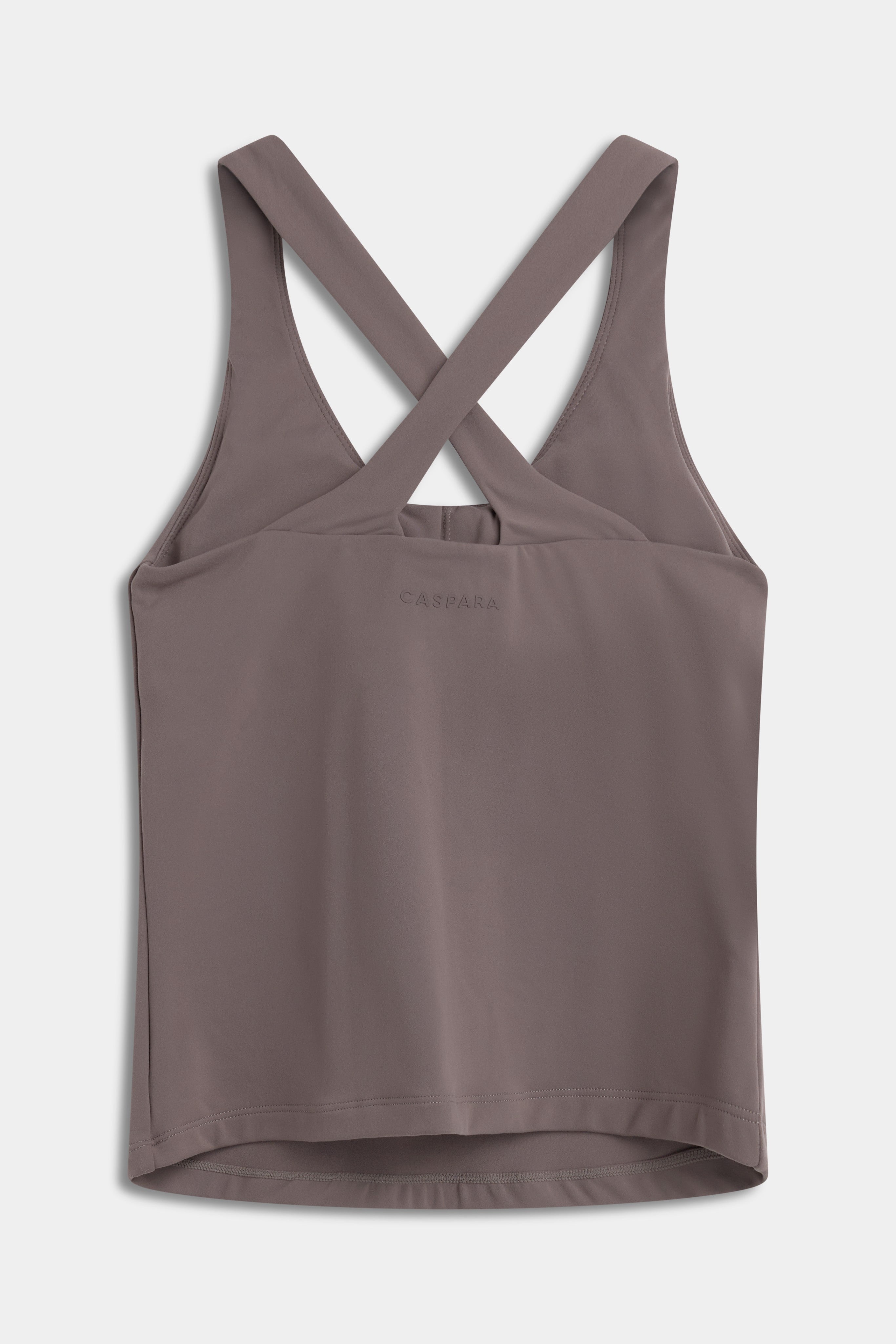 Back view of the walnut CASPARA Cloudform Scrunch Top with crossback straps.