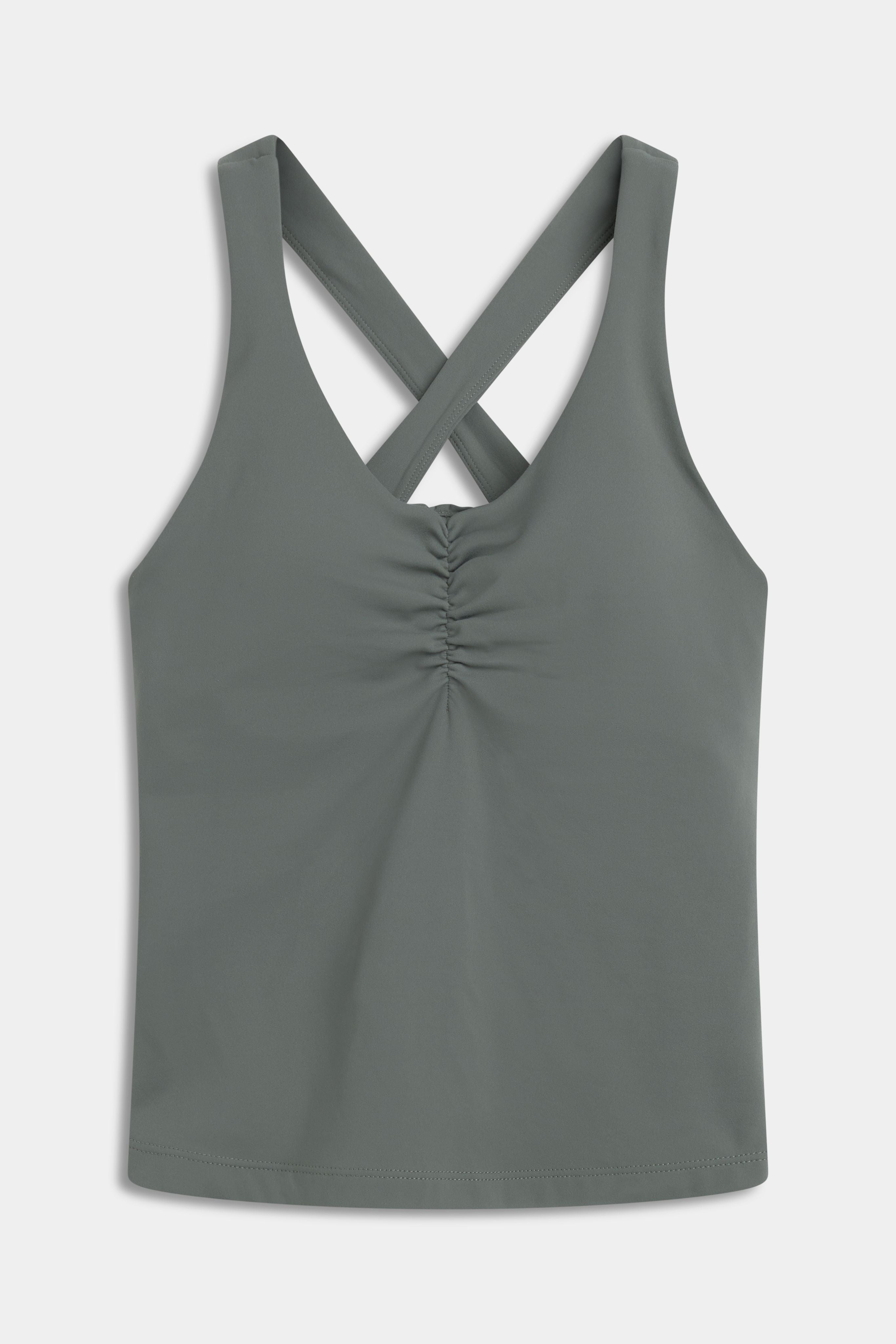 Khaki CASPARA Cloudform Scrunch Top with a ruched front and crossback straps.