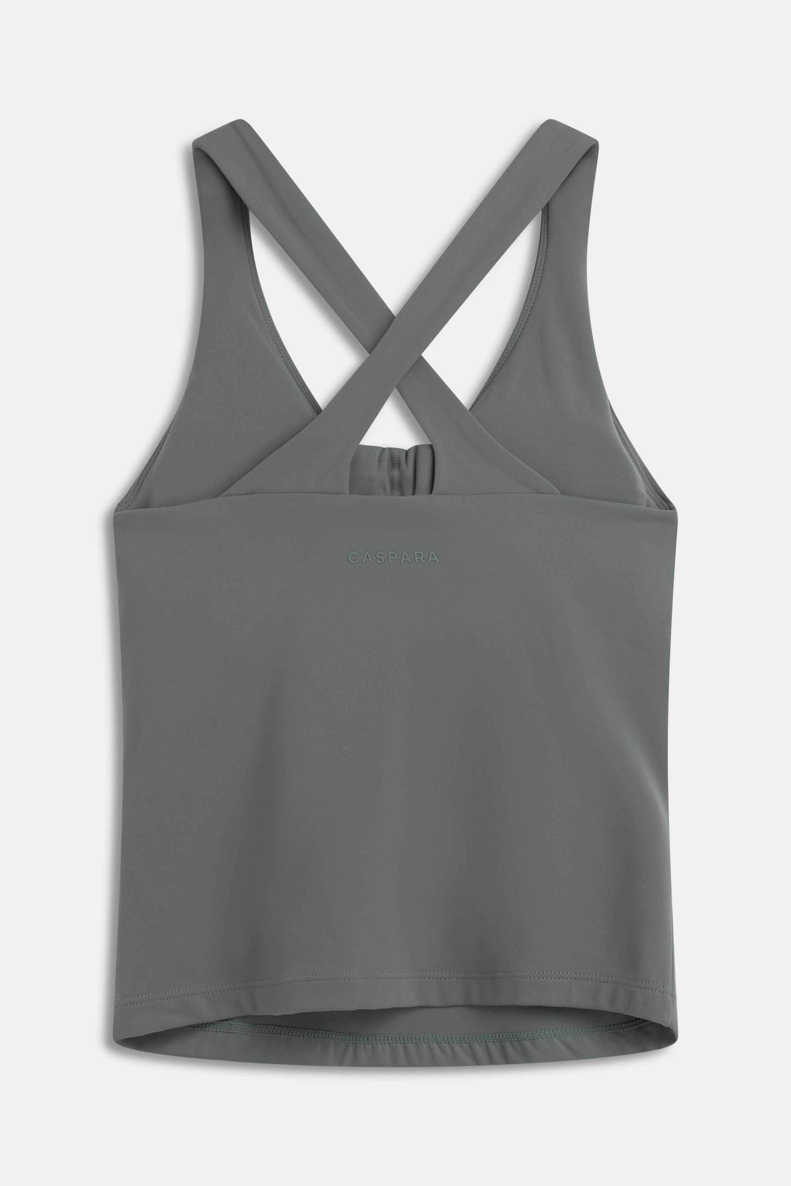 Back view of the khaki CASPARA Cloudform® Scrunch Top with crossback straps.