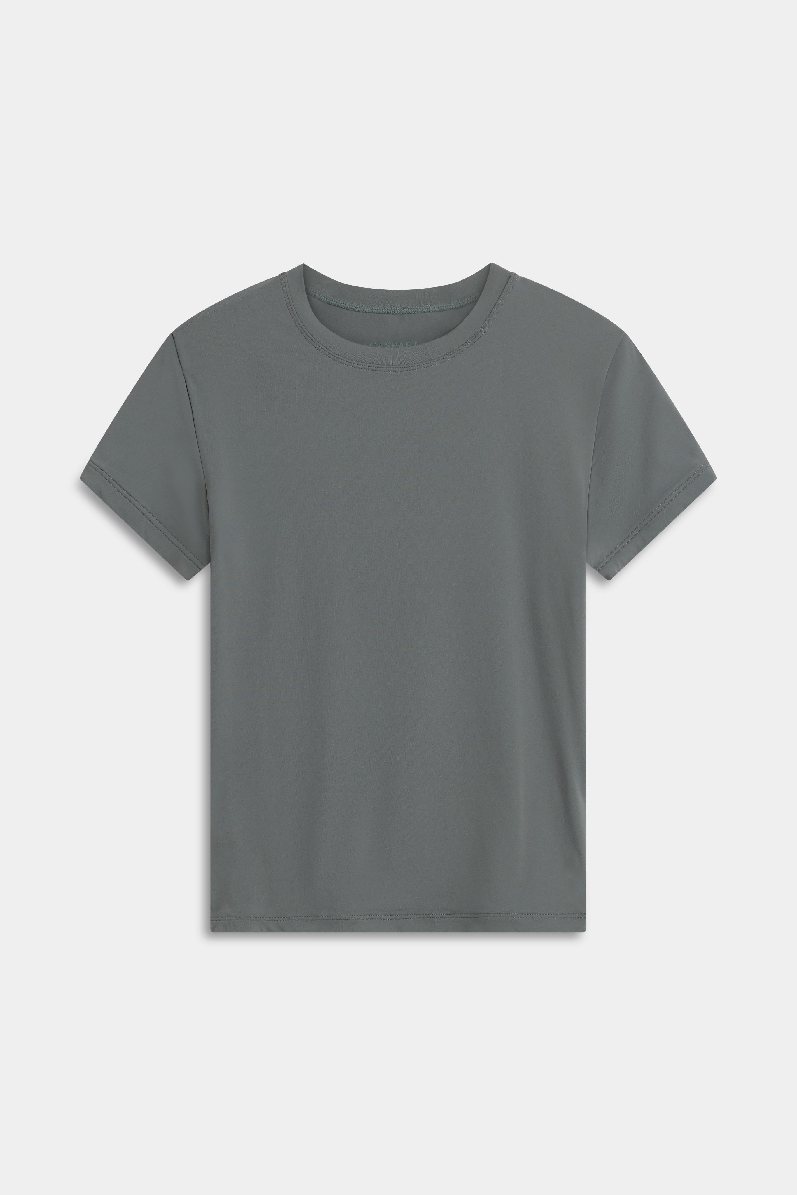 Khaki CASPARA Cloudform short sleeve top shown from the front against a light background.
