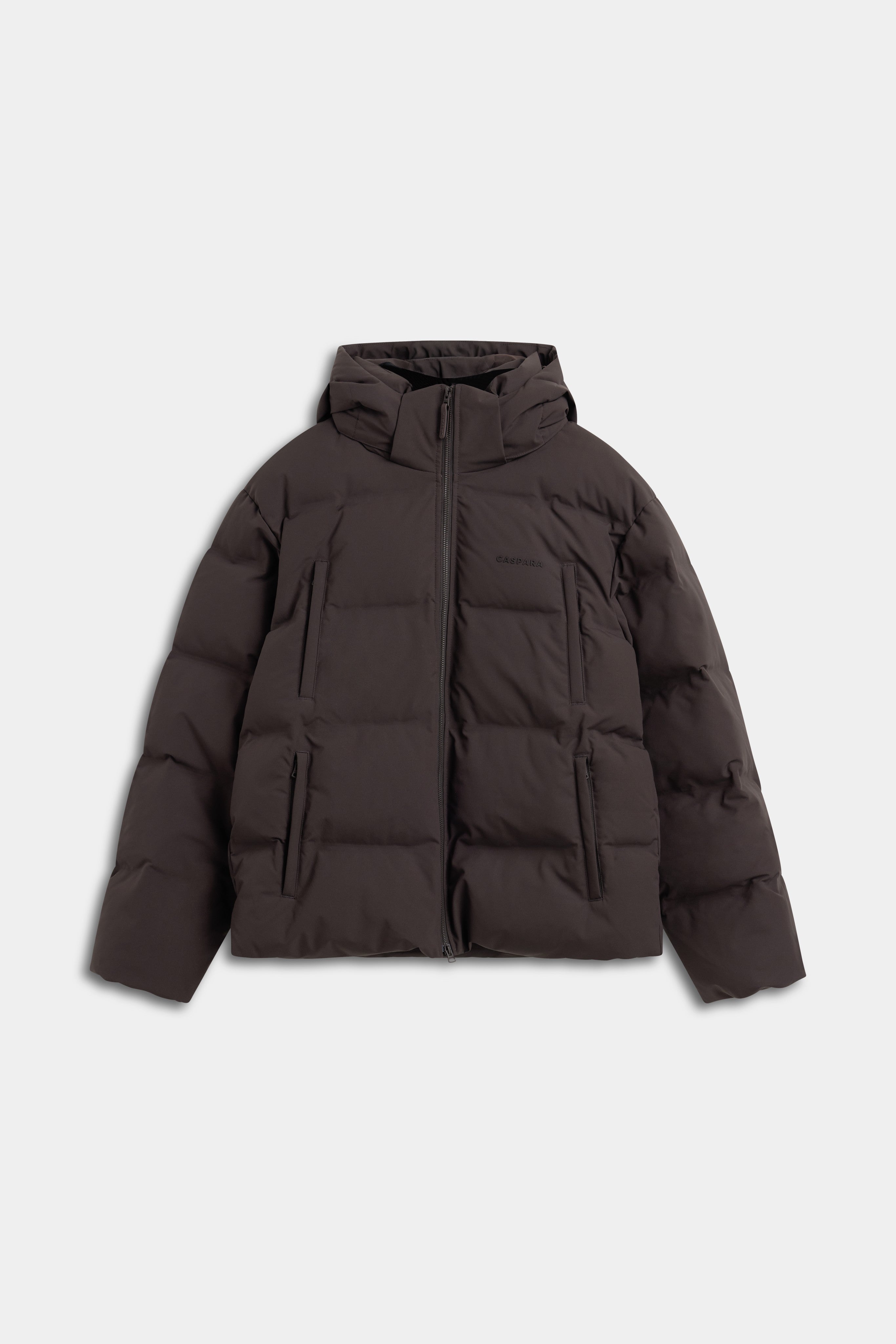 Front view of the CASPARA men's Boreal puffer jacket in cocoa bean brown.