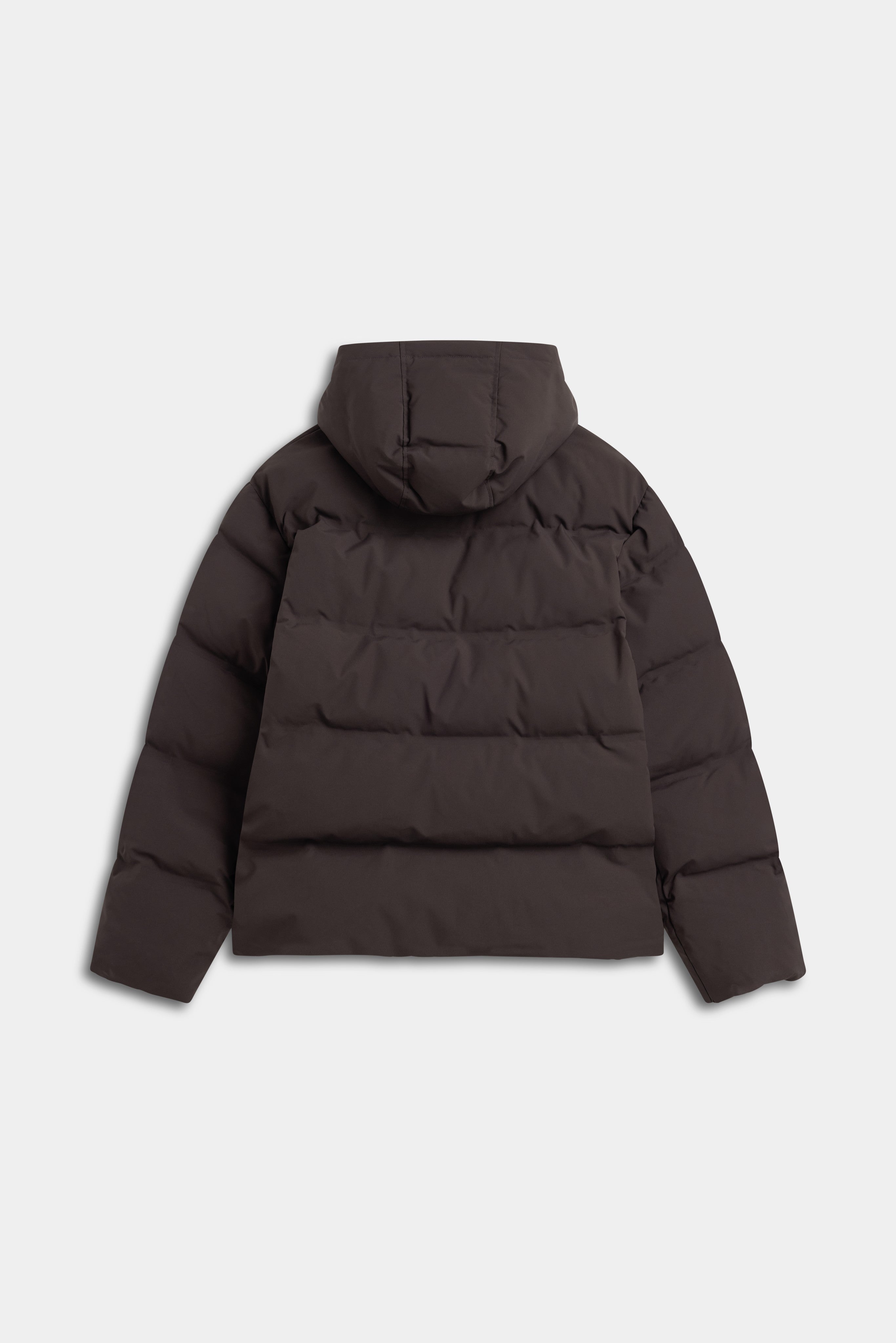Back view of the CASPARA men's Boreal puffer jacket in cocoa bean brown.