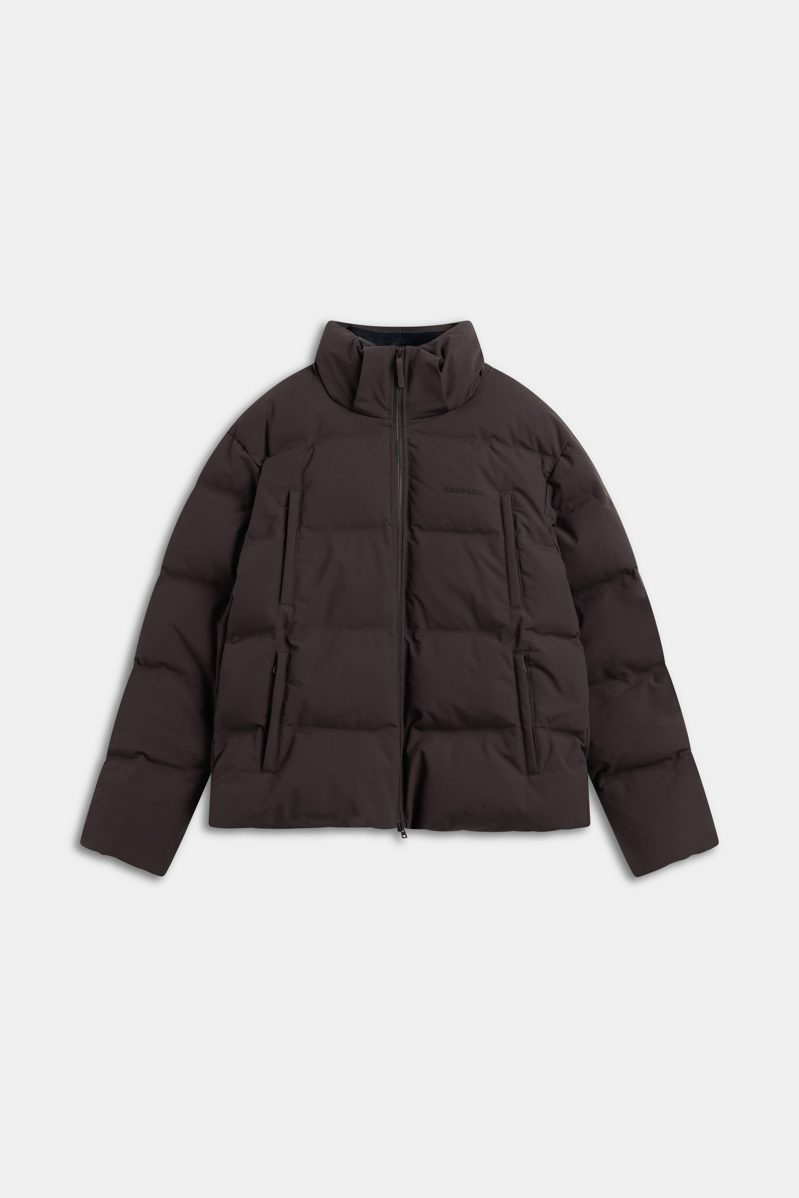 Front view of the CASPARA men's Boreal puffer jacket in cocoa bean against a plain background.
