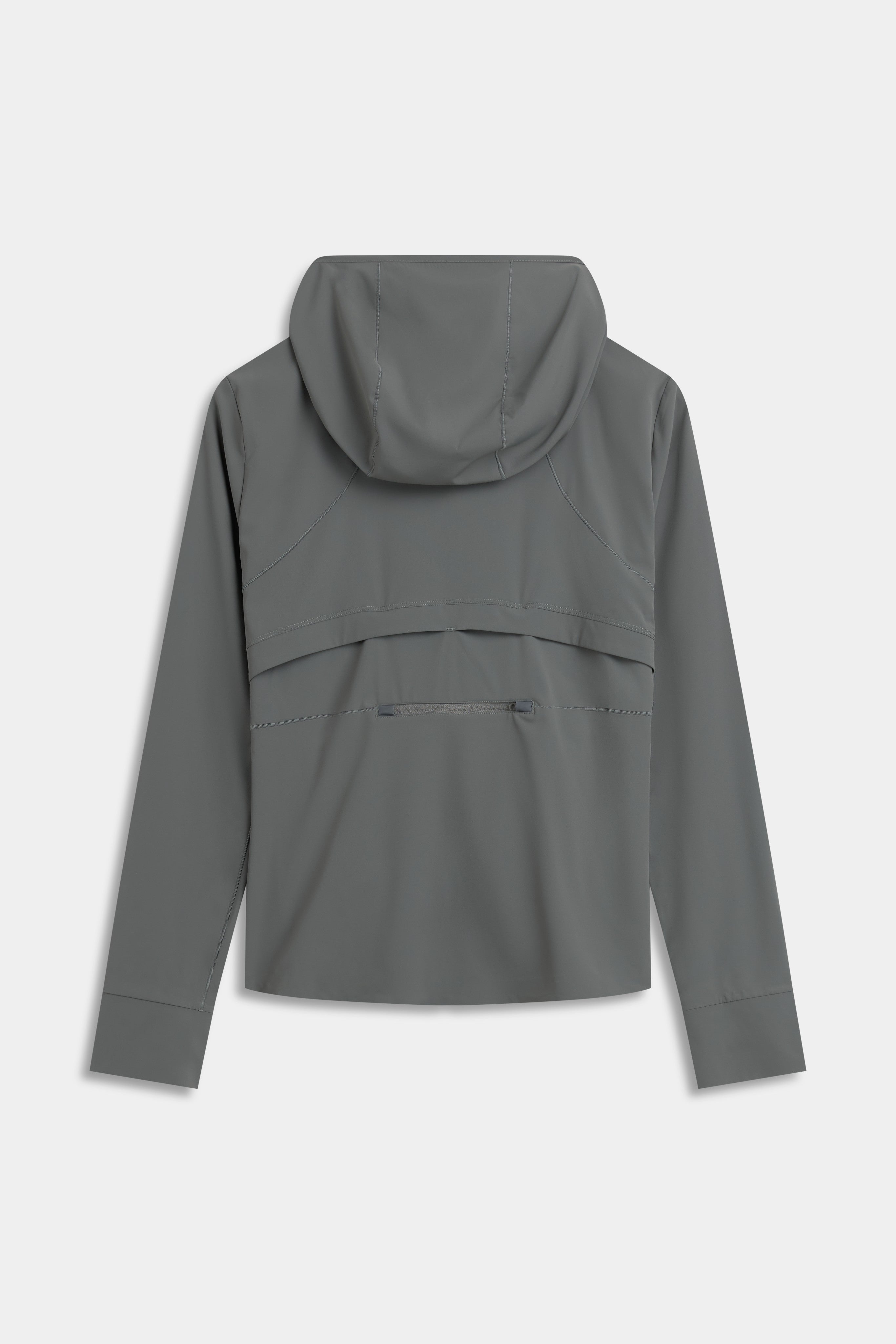 Back view of the khaki CASPARA Windluxe jacket with a hood and back zip pocket.