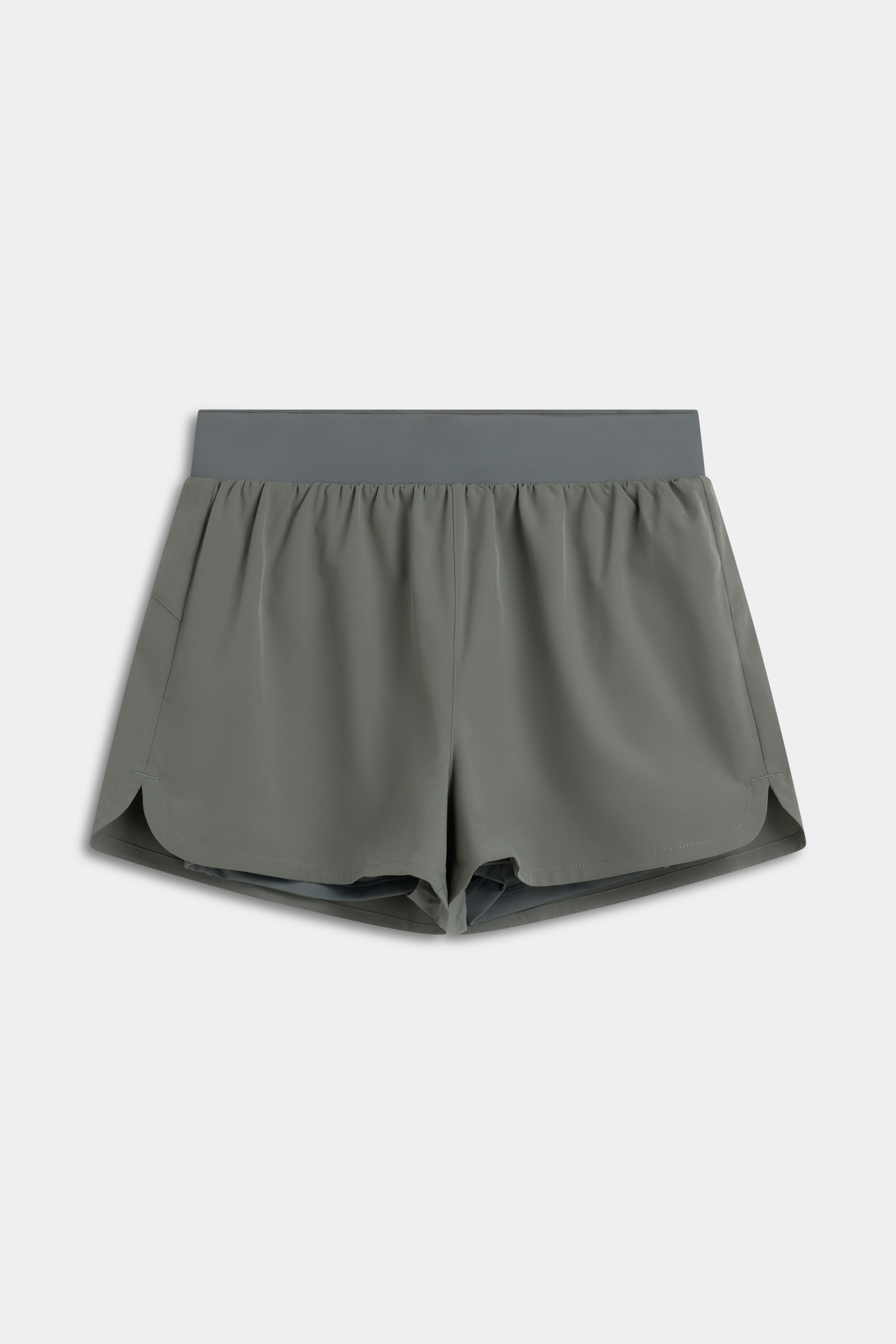 Front view of women's khaki CASPARA Aerluxe shorts on a plain light background.