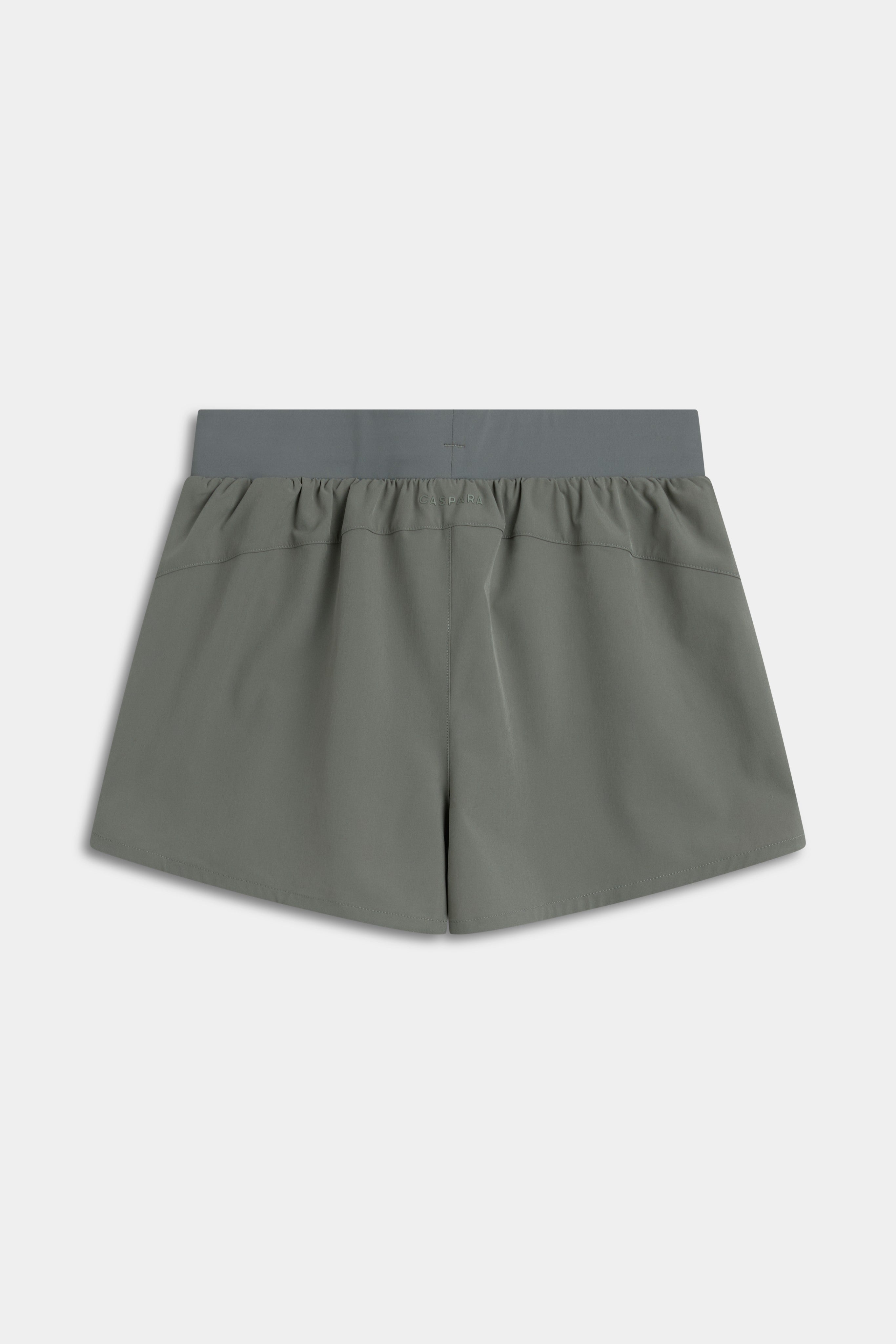 Back view of the women's CASPARA Aerluxe shorts in khaki.