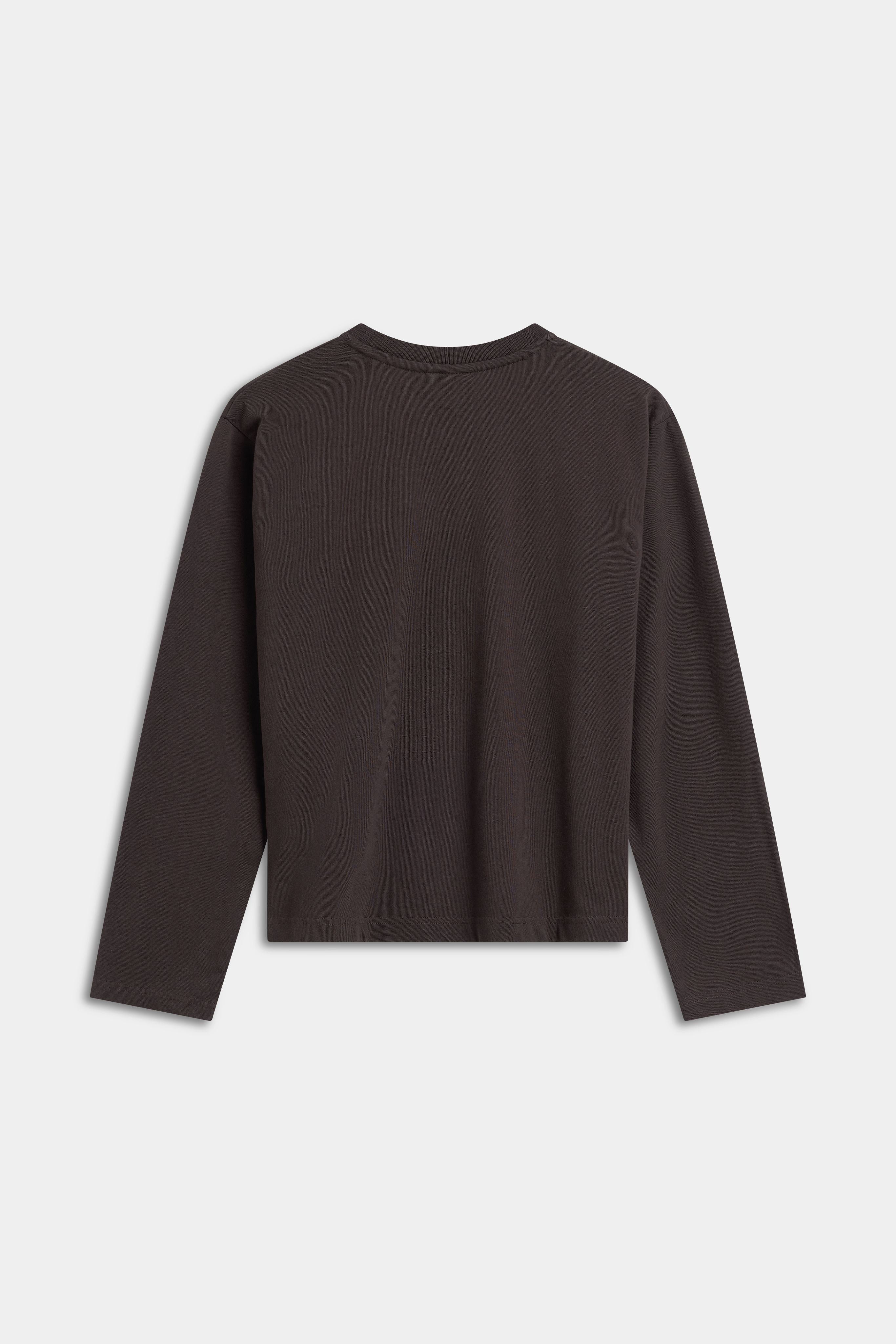 Back view of the CASPARA CS Signature long sleeve shirt in espresso brown.