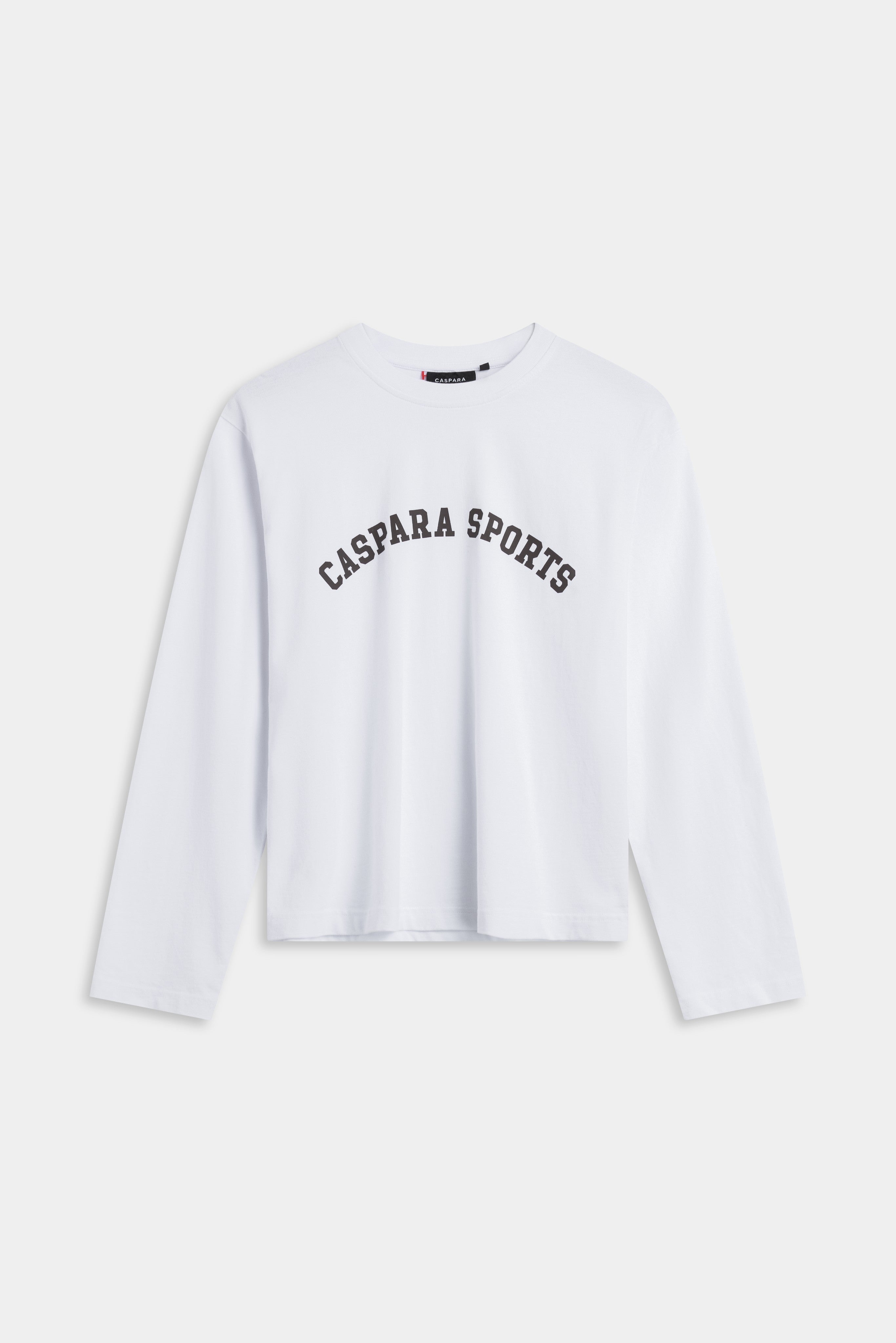 White CASPARA CS Signature long-sleeve shirt with arched espresso lettering on the chest.