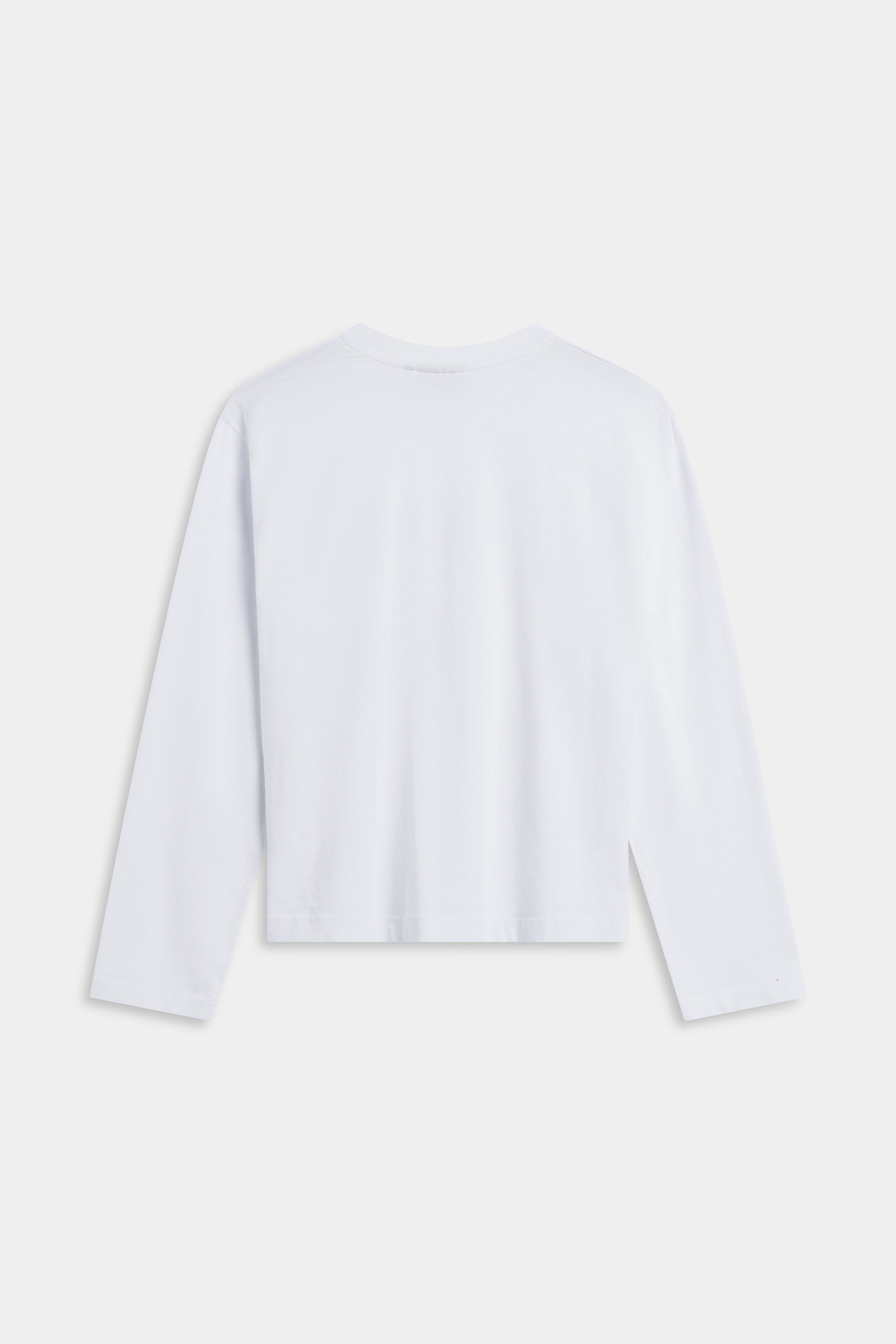 Back view of the white CASPARA CS Signature long sleeve t-shirt.