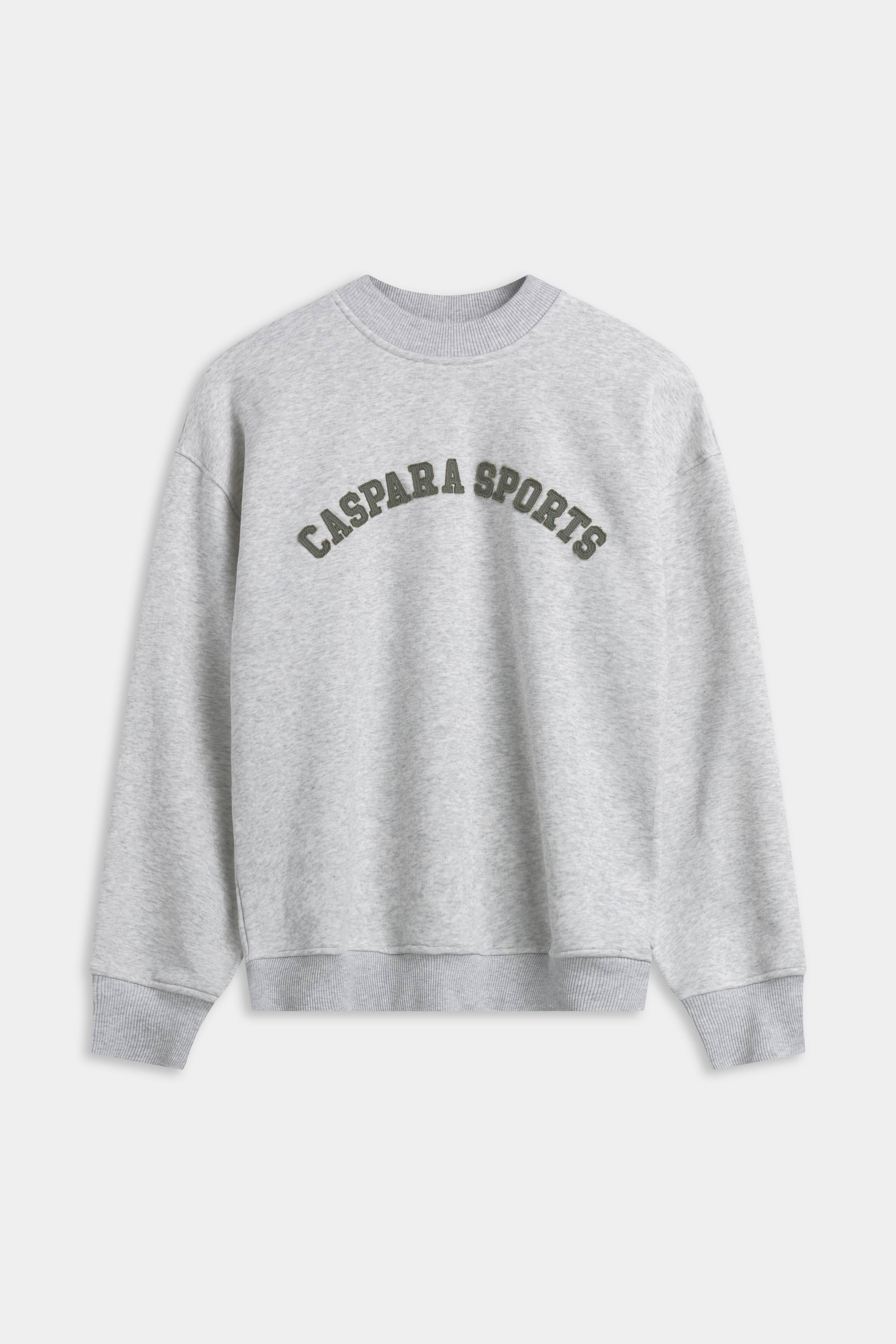 Grey melange CASPARA CS crewneck sweatshirt with khaki CASPARA SPORTS lettering across the chest.