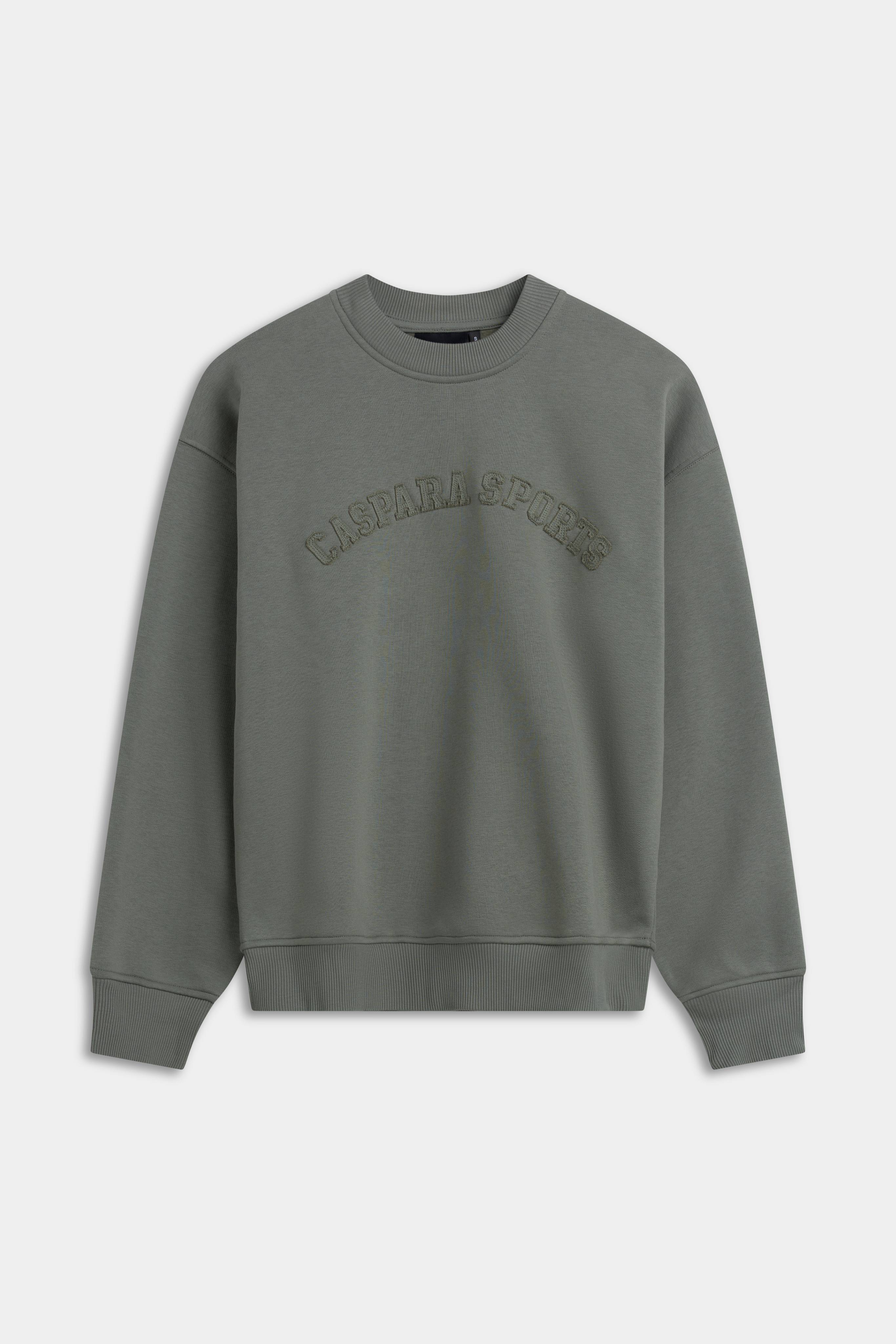 Khaki CASPARA CS crewneck sweatshirt with arched CASPARA SPORTS embroidery across the chest.
