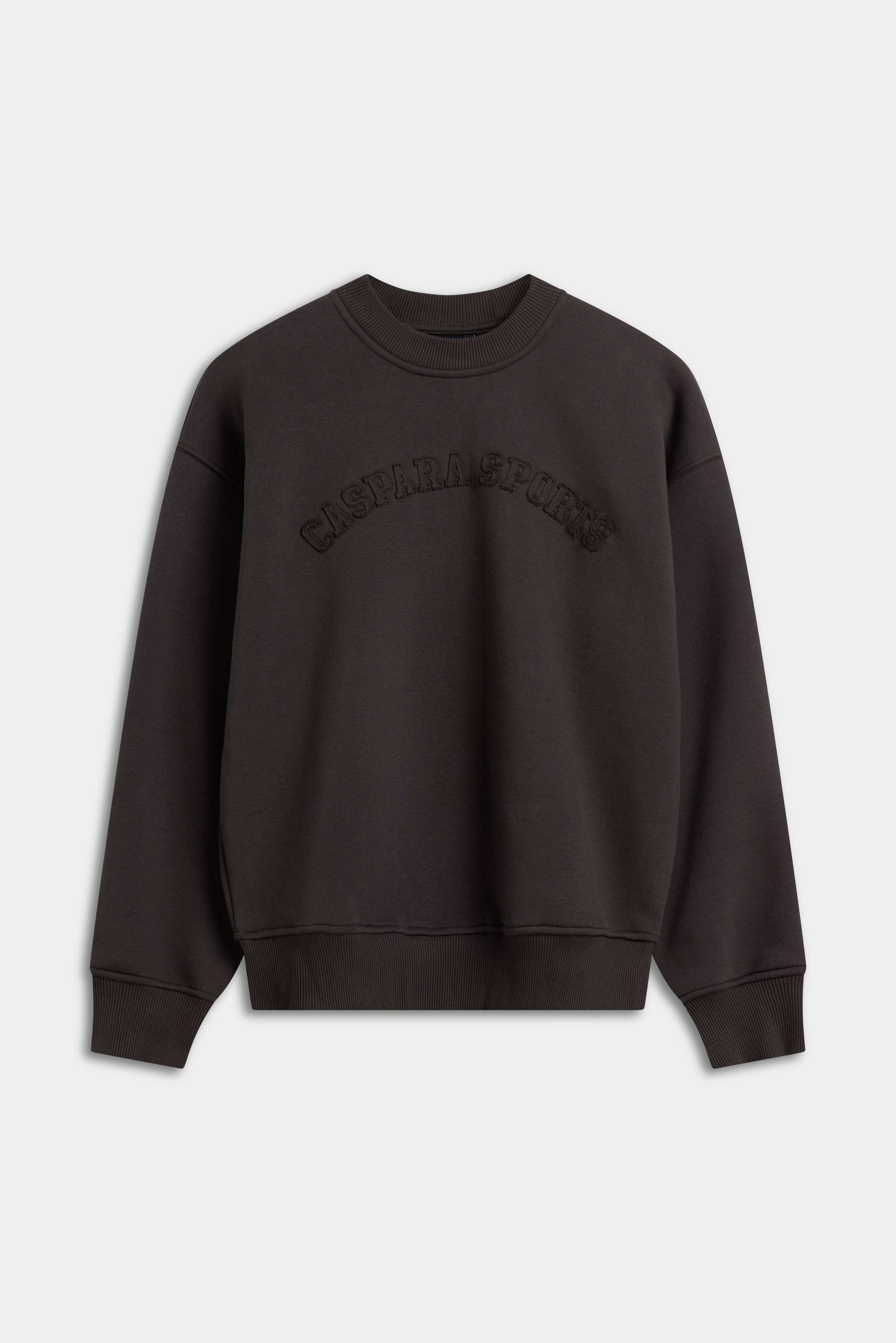 Espresso brown CASPARA CS crewneck sweatshirt with embroidered lettering on the chest.