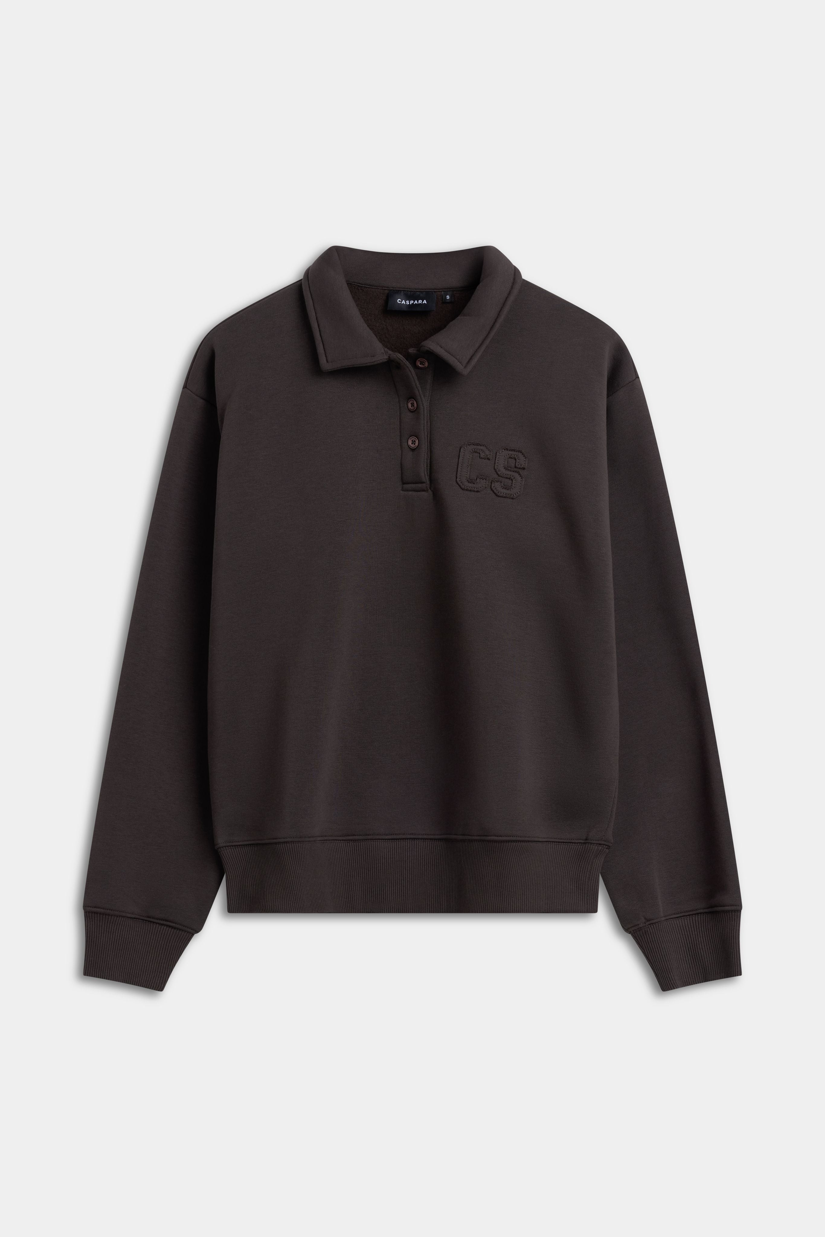 CASPARA women's CS rugby shirt in espresso brown with a classic collar and tonal embroidered logo.