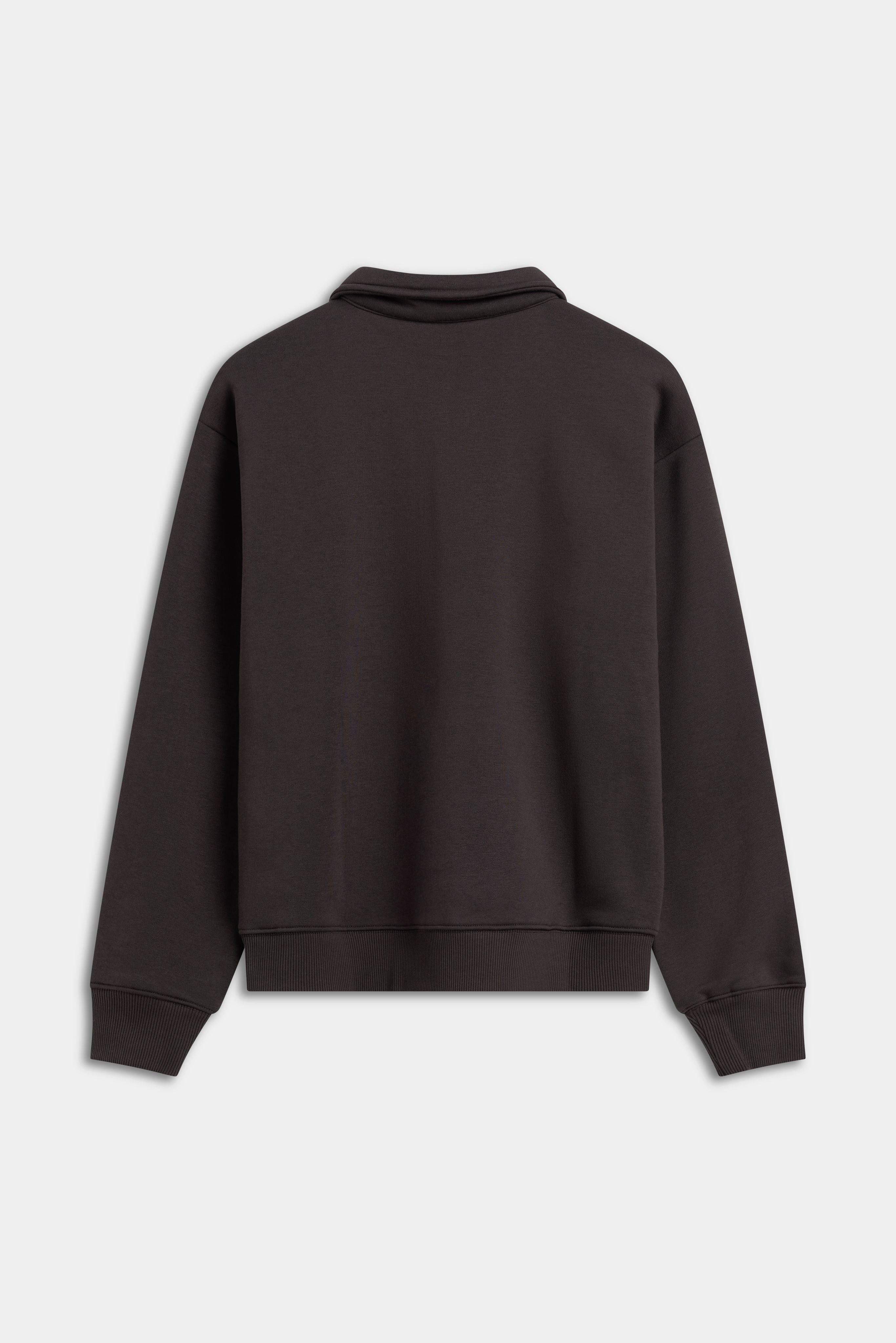 Back view of the espresso CASPARA CS rugby shirt with ribbed cuffs and hem.
