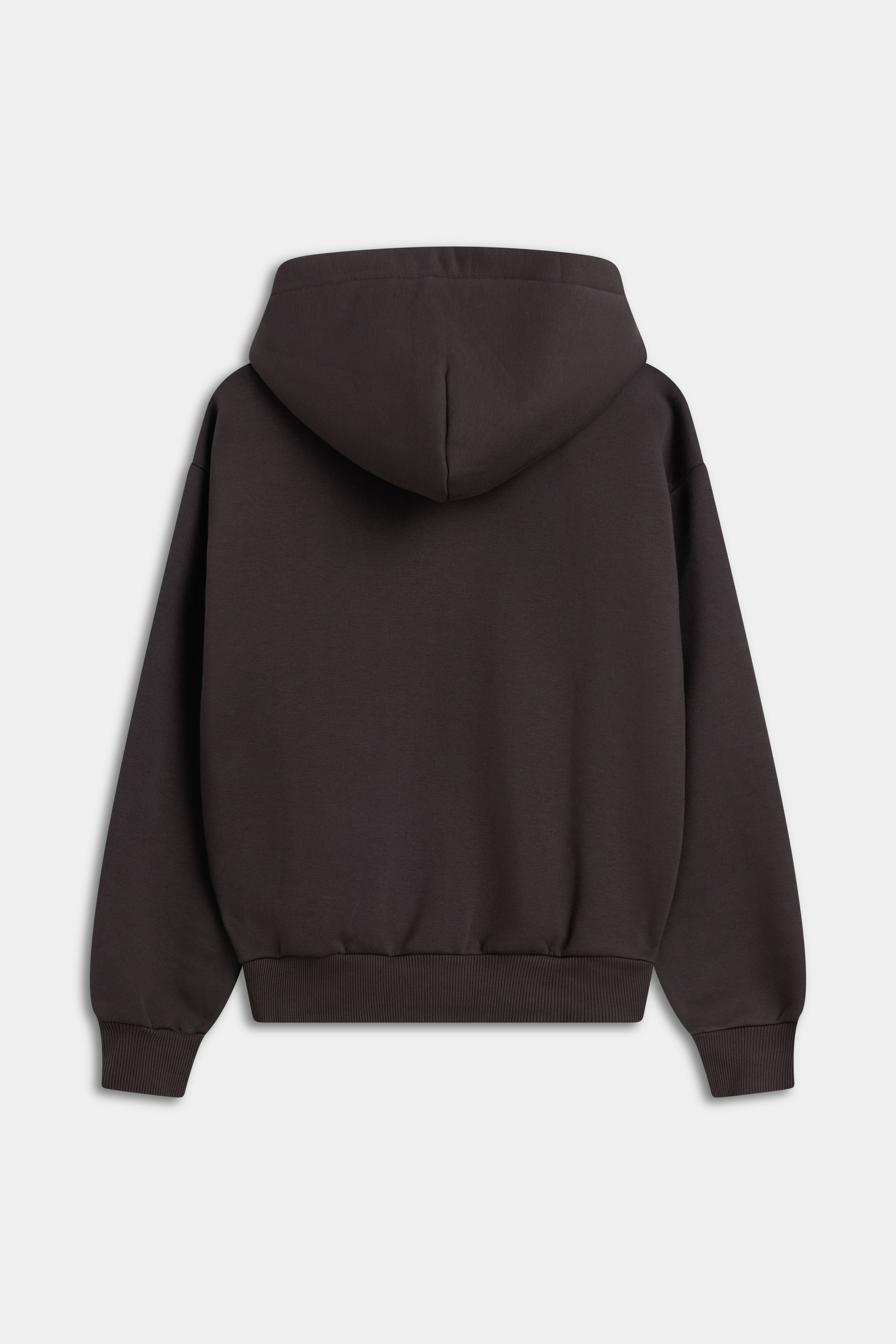 Back view of the espresso CASPARA CS zip hoodie on a neutral background.