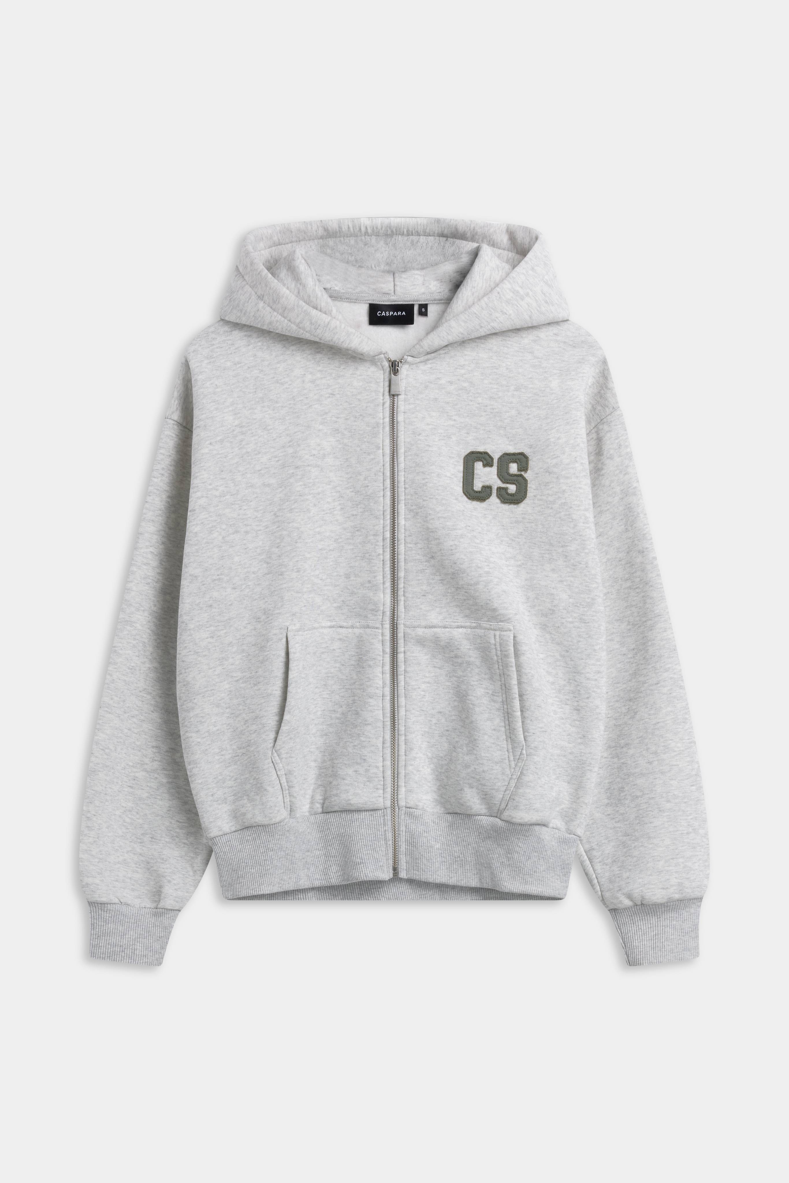 Grey melange CASPARA CS zip hoodie with a silver front zipper and khaki CS patch.