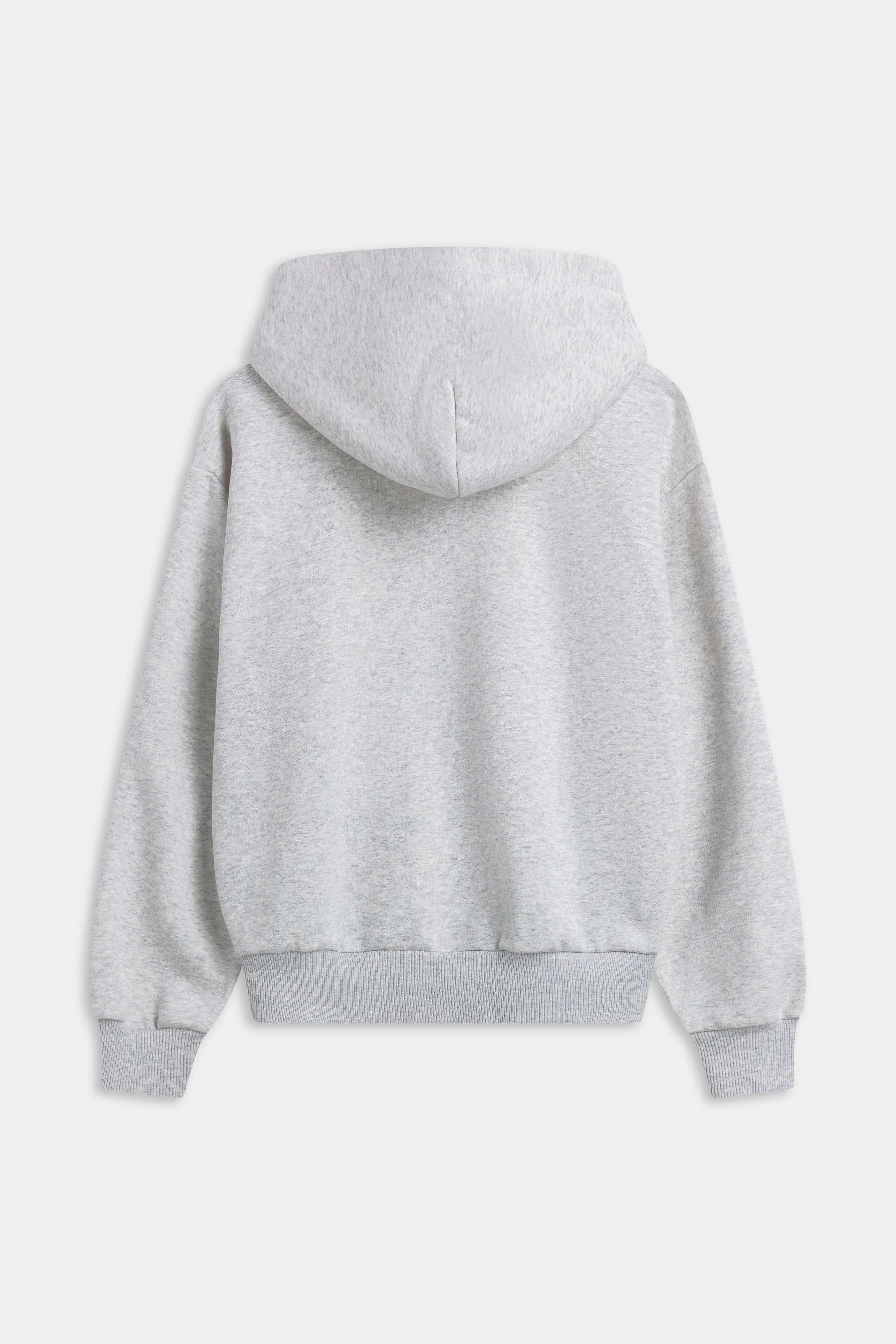 Back view of the CASPARA CS Zip Hoodie in grey melange with ribbed cuffs and hem.
