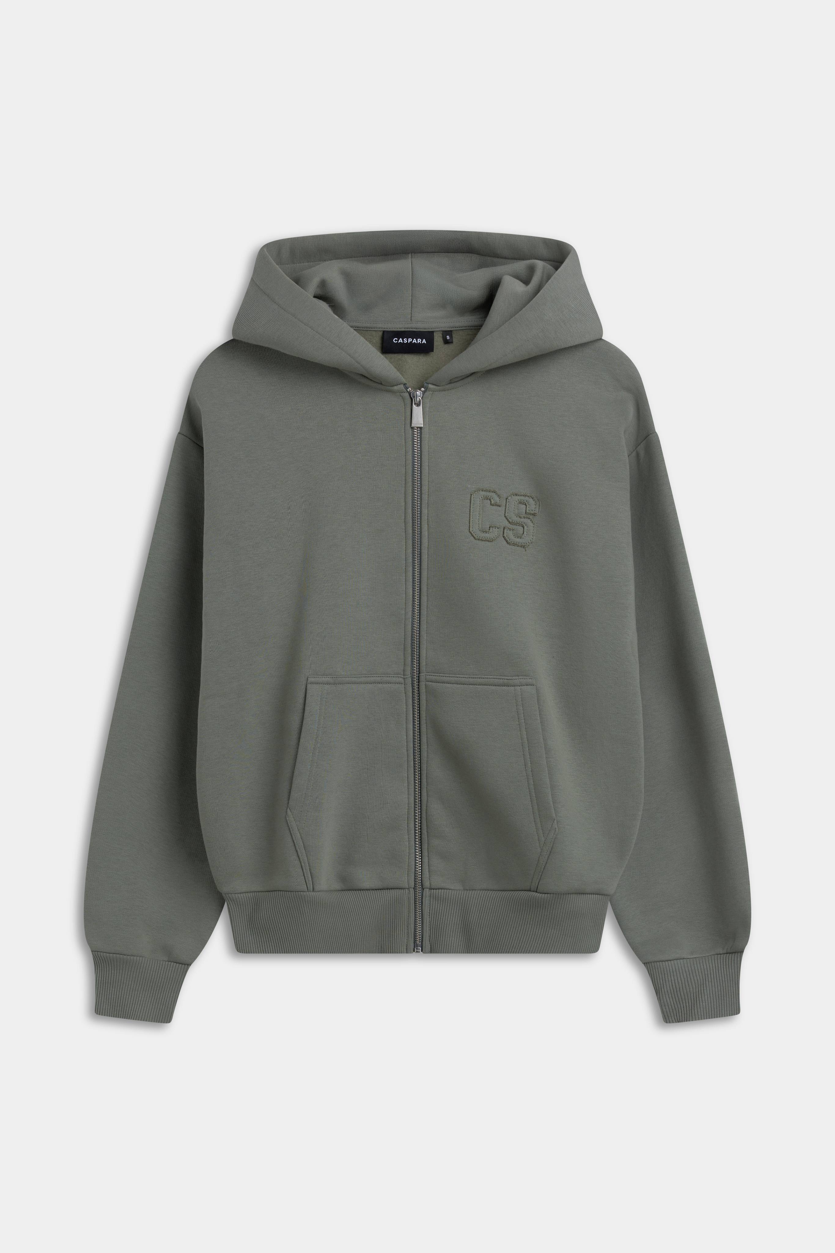 Khaki CASPARA CS Zip Hoodie with a front zipper and embroidered chest logo.