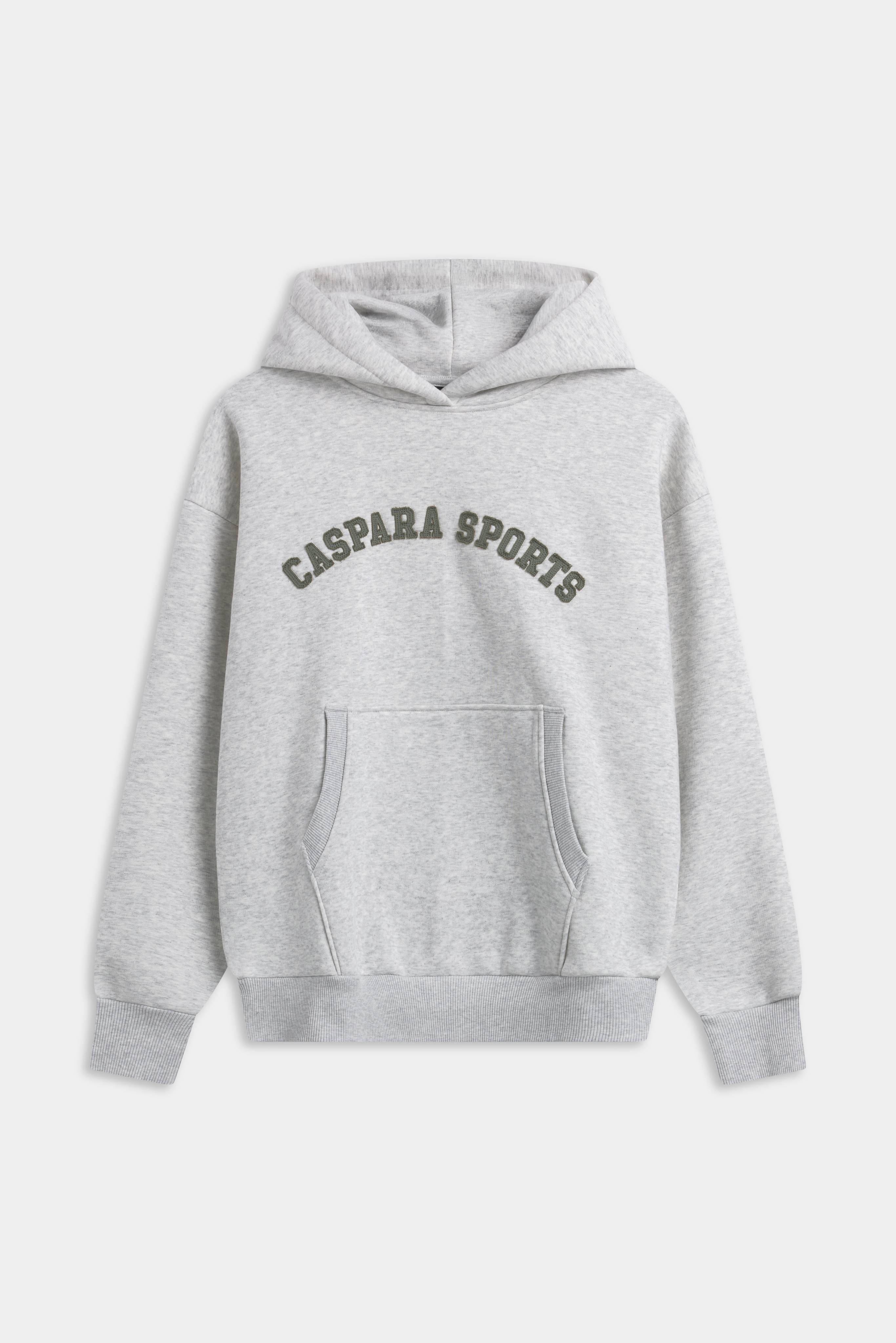 CASPARA CS hoodie in grey melange with arched khaki sports lettering on the chest.