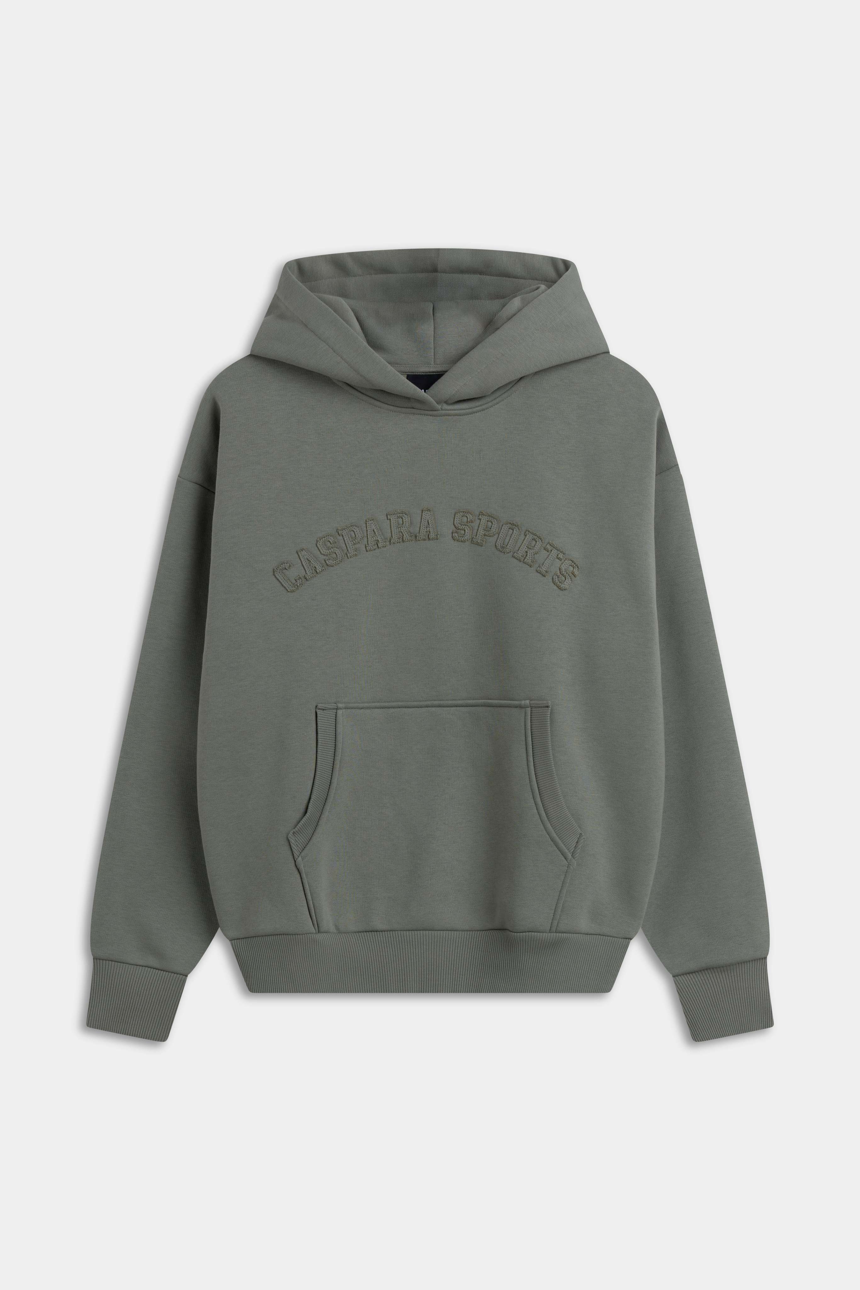 Khaki CASPARA CS hoodie with tonal CASPARA SPORTS embroidery on the chest.