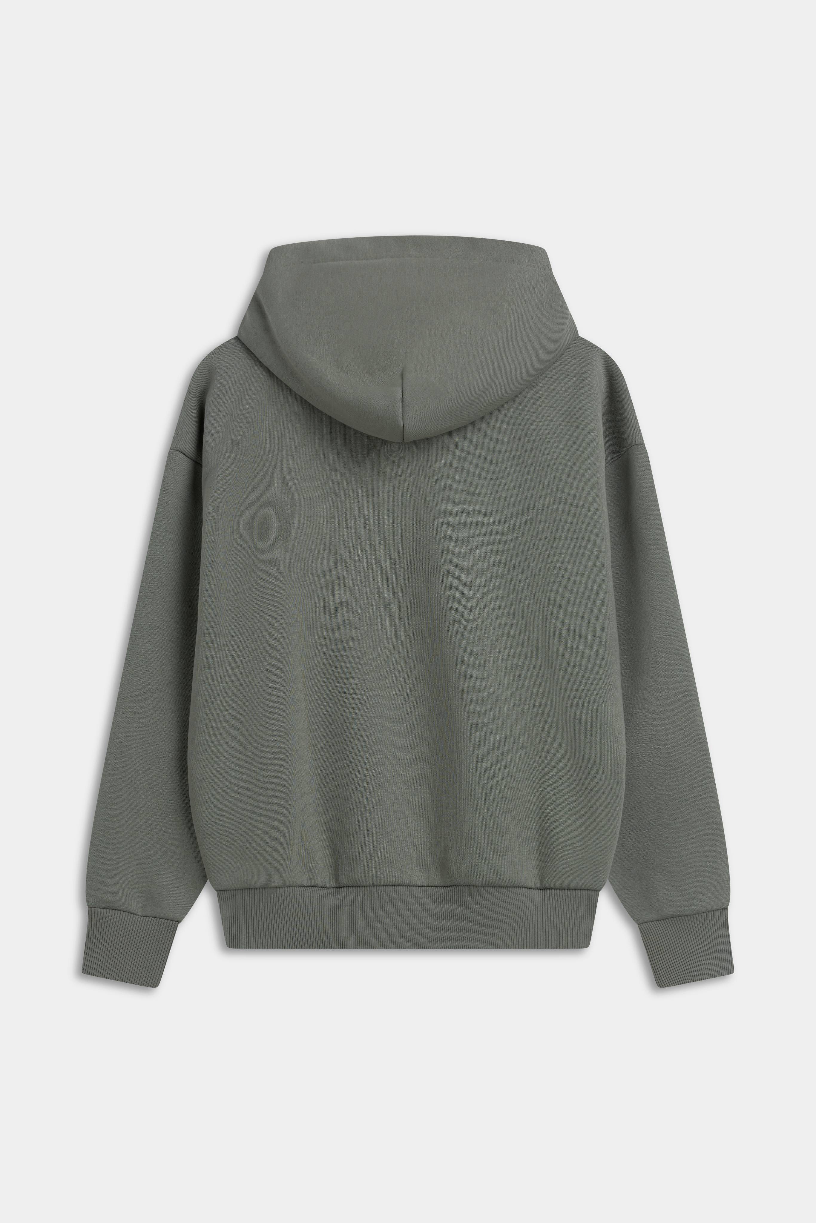 Back view of the khaki CASPARA CS hoodie on a light grey background.