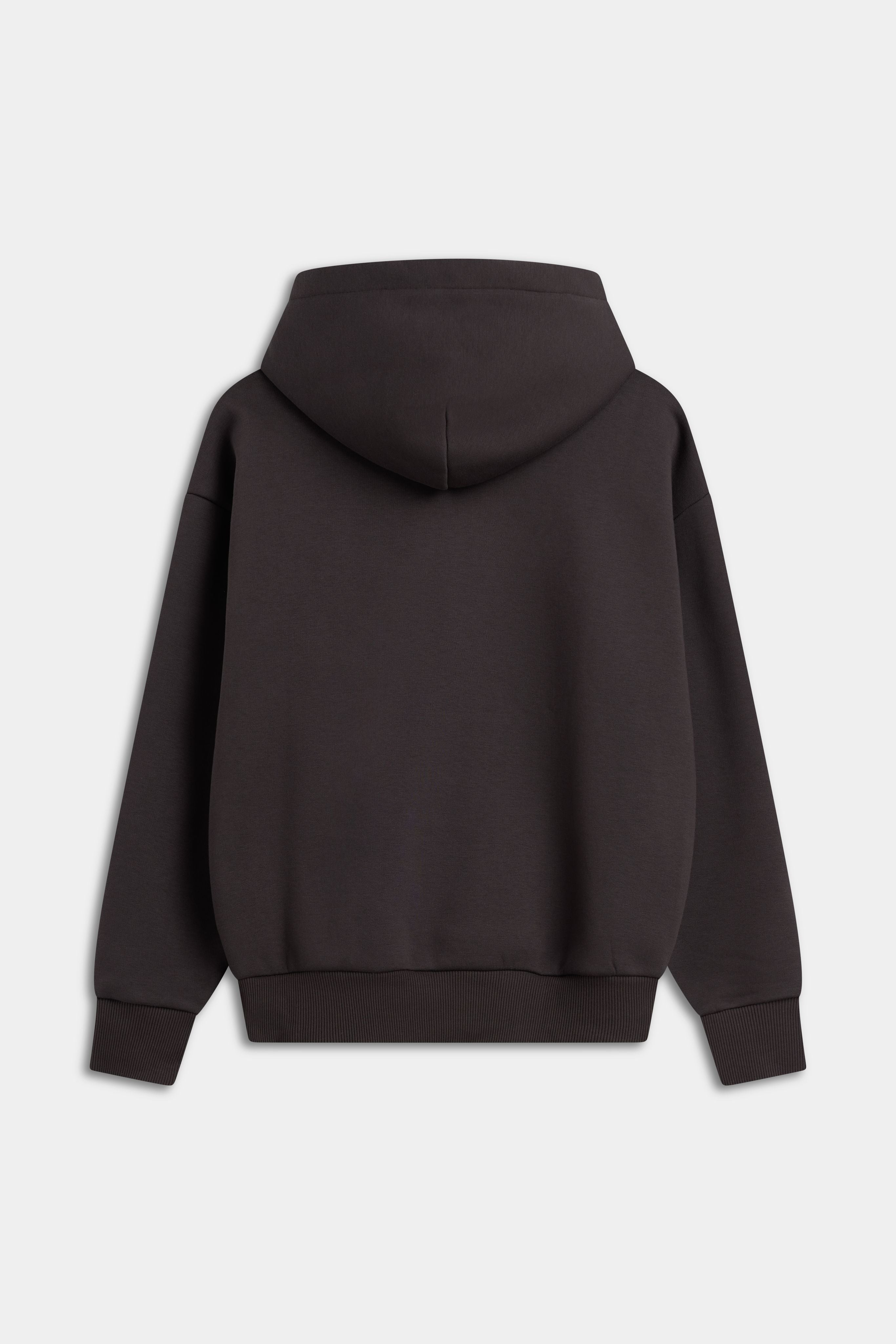 Back view of the CASPARA CS hoodie in espresso brown on a plain background.