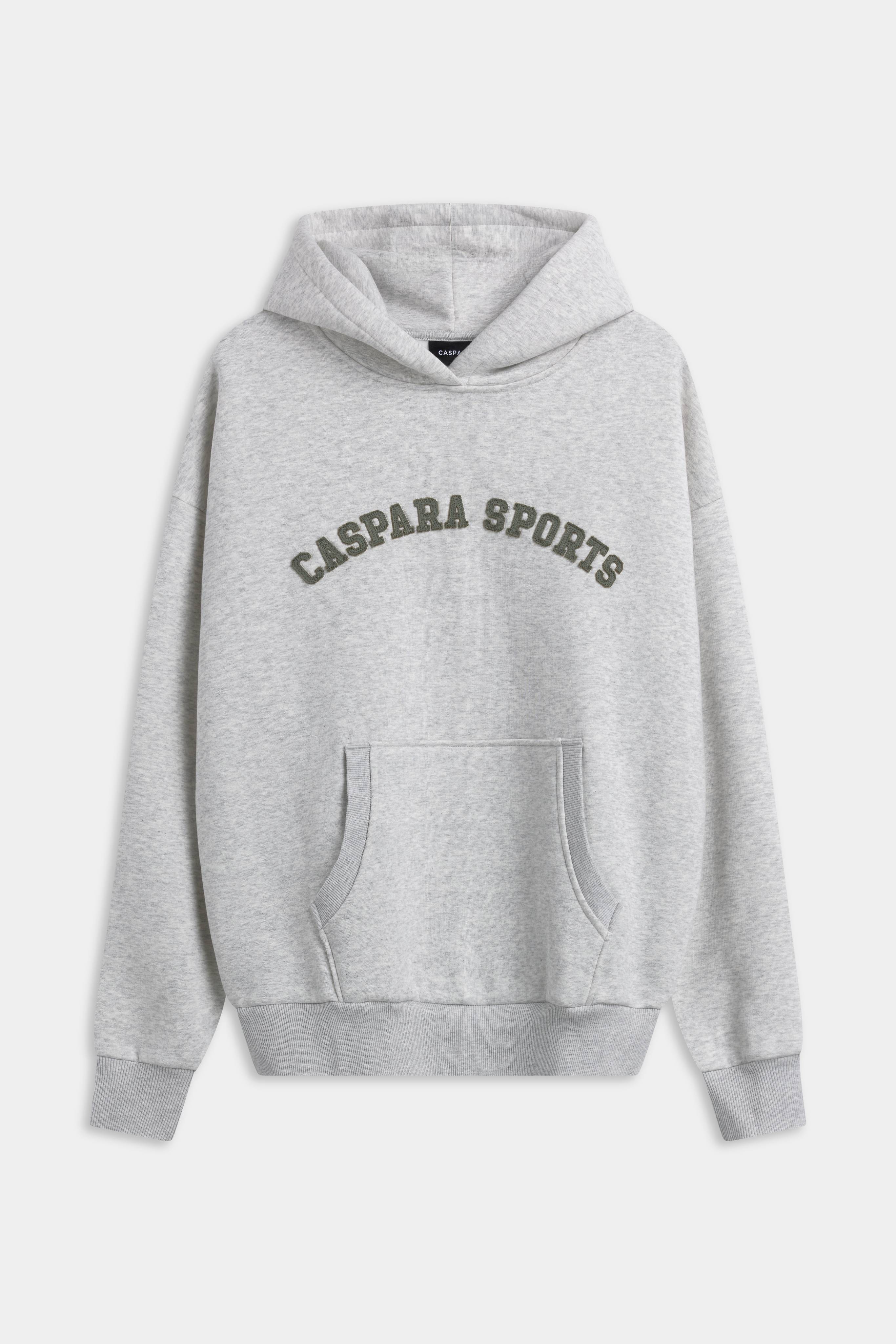 Grey melange CASPARA CS hoodie with khaki CASPARA SPORTS lettering on the chest.