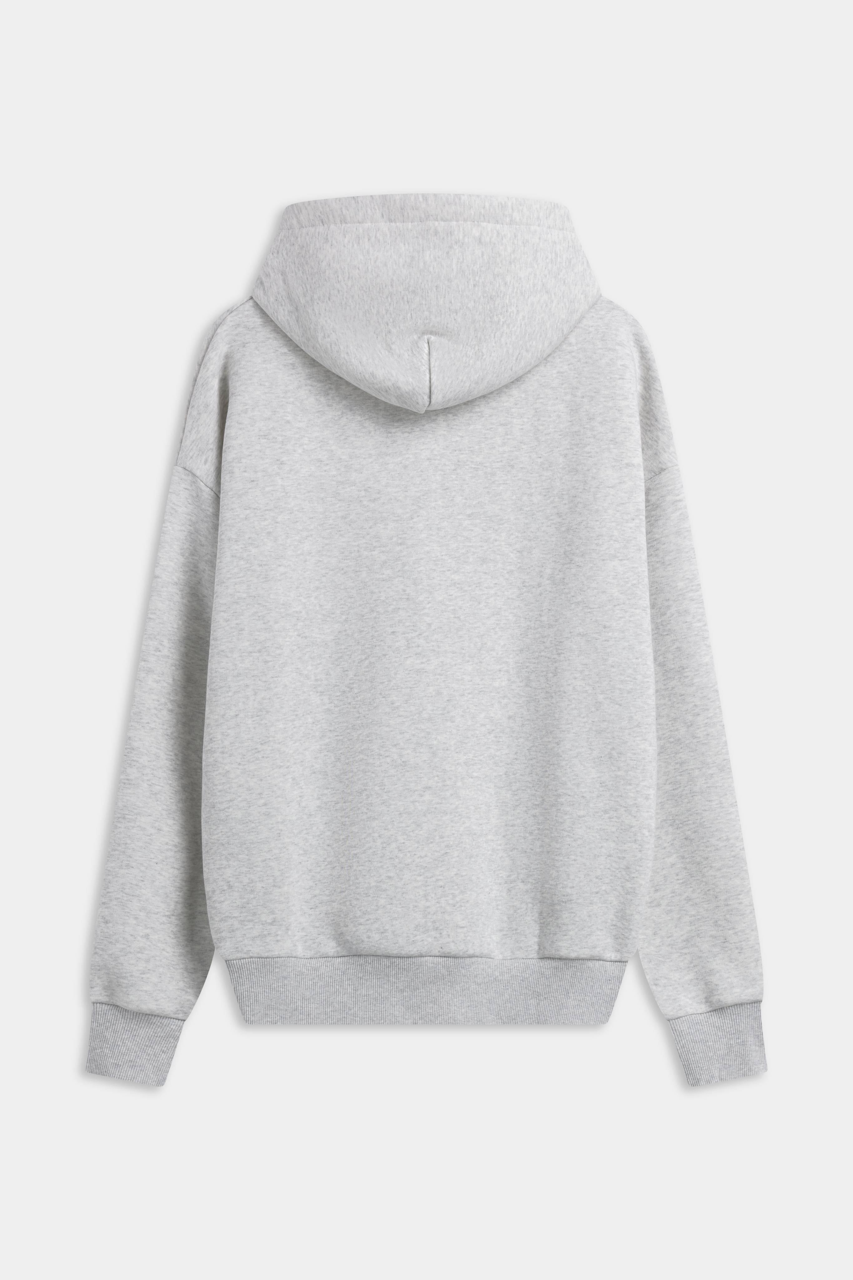 Back view of a grey melange CASPARA CS hoodie with ribbed cuffs and hem.