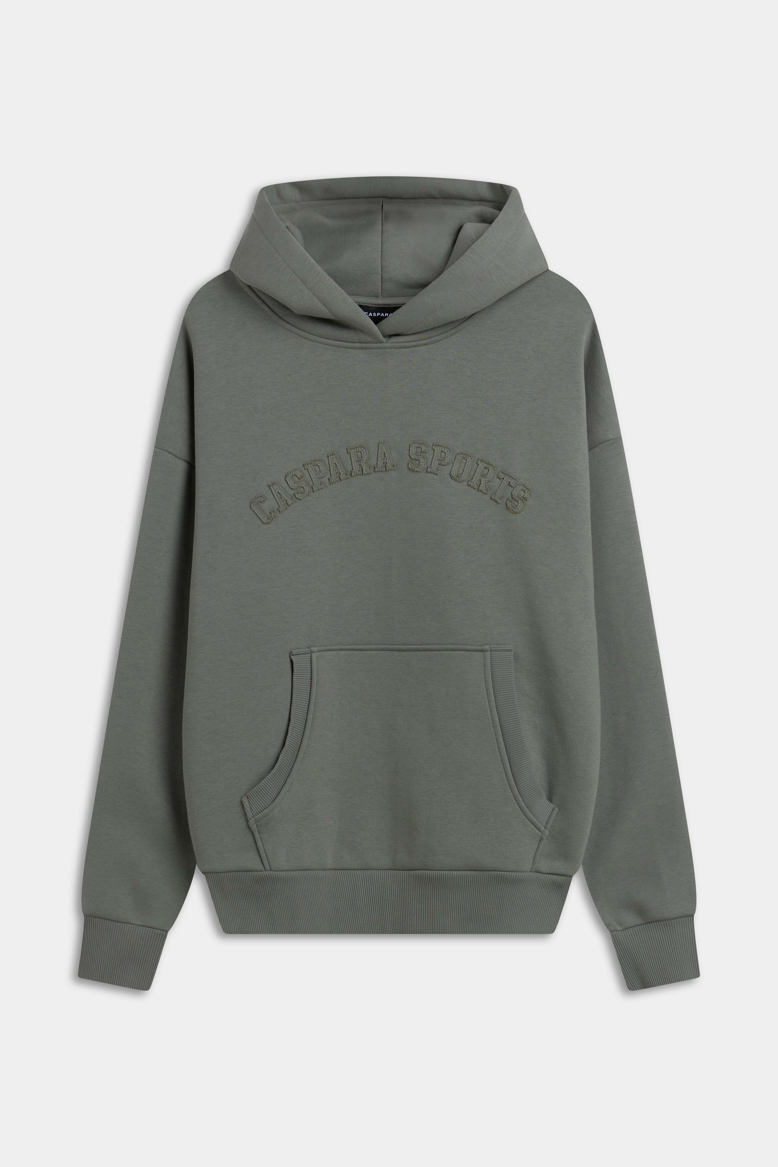 Khaki CASPARA CS hoodie with CASPARA SPORTS embroidered across the chest.