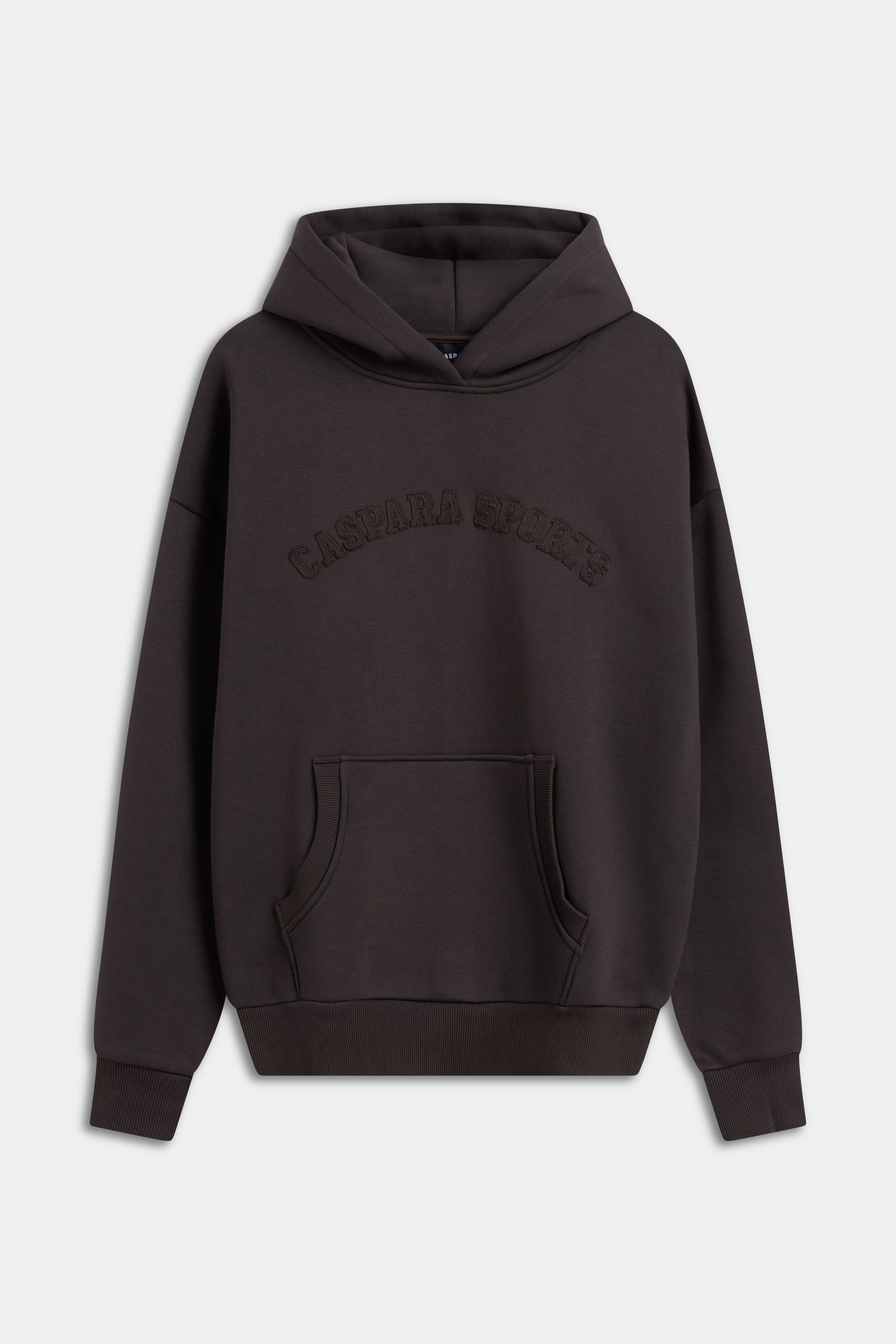 Front view of the espresso CASPARA CS hoodie with tonal embroidery across the chest.