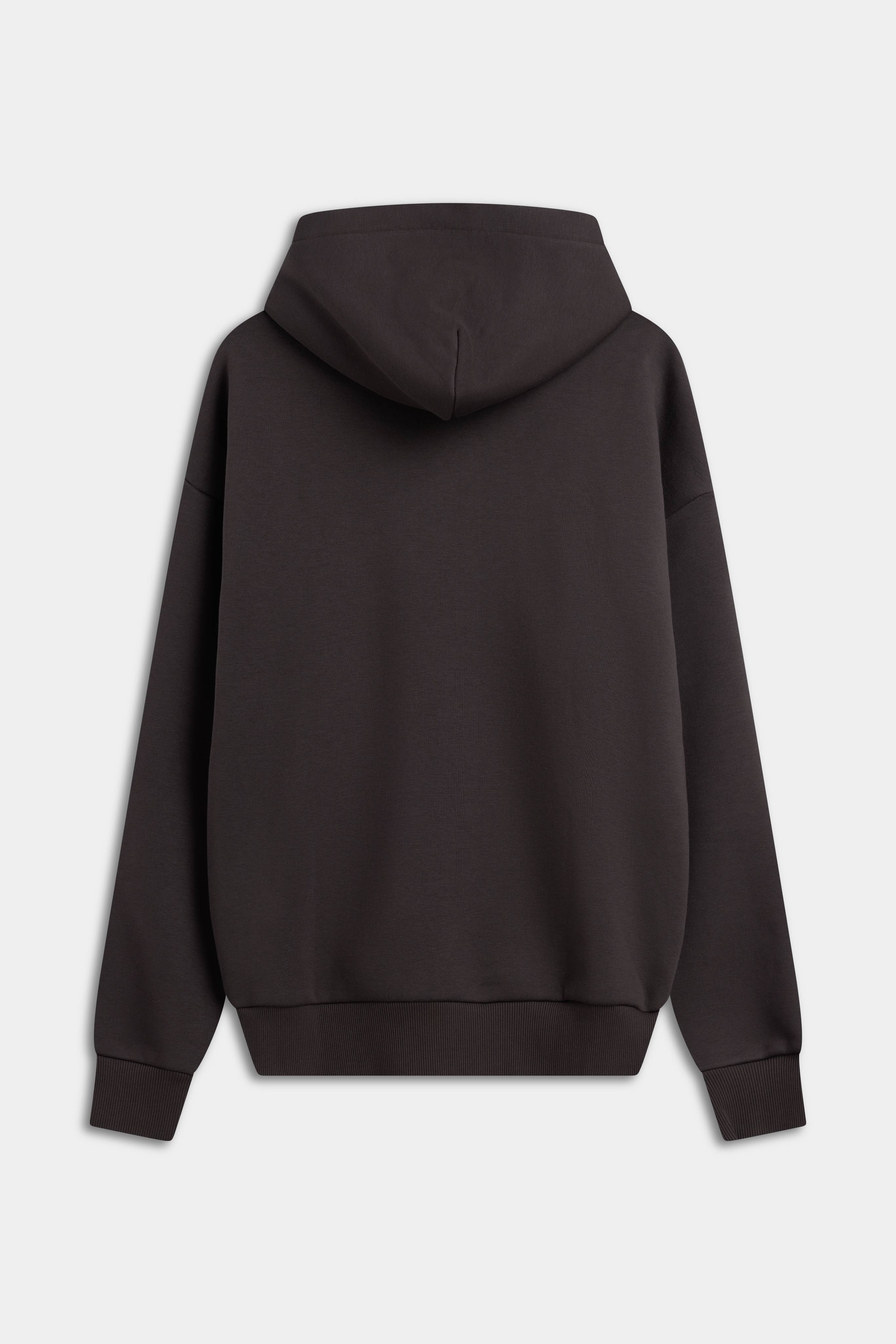 Back view of the CASPARA CS hoodie in espresso against a light background.