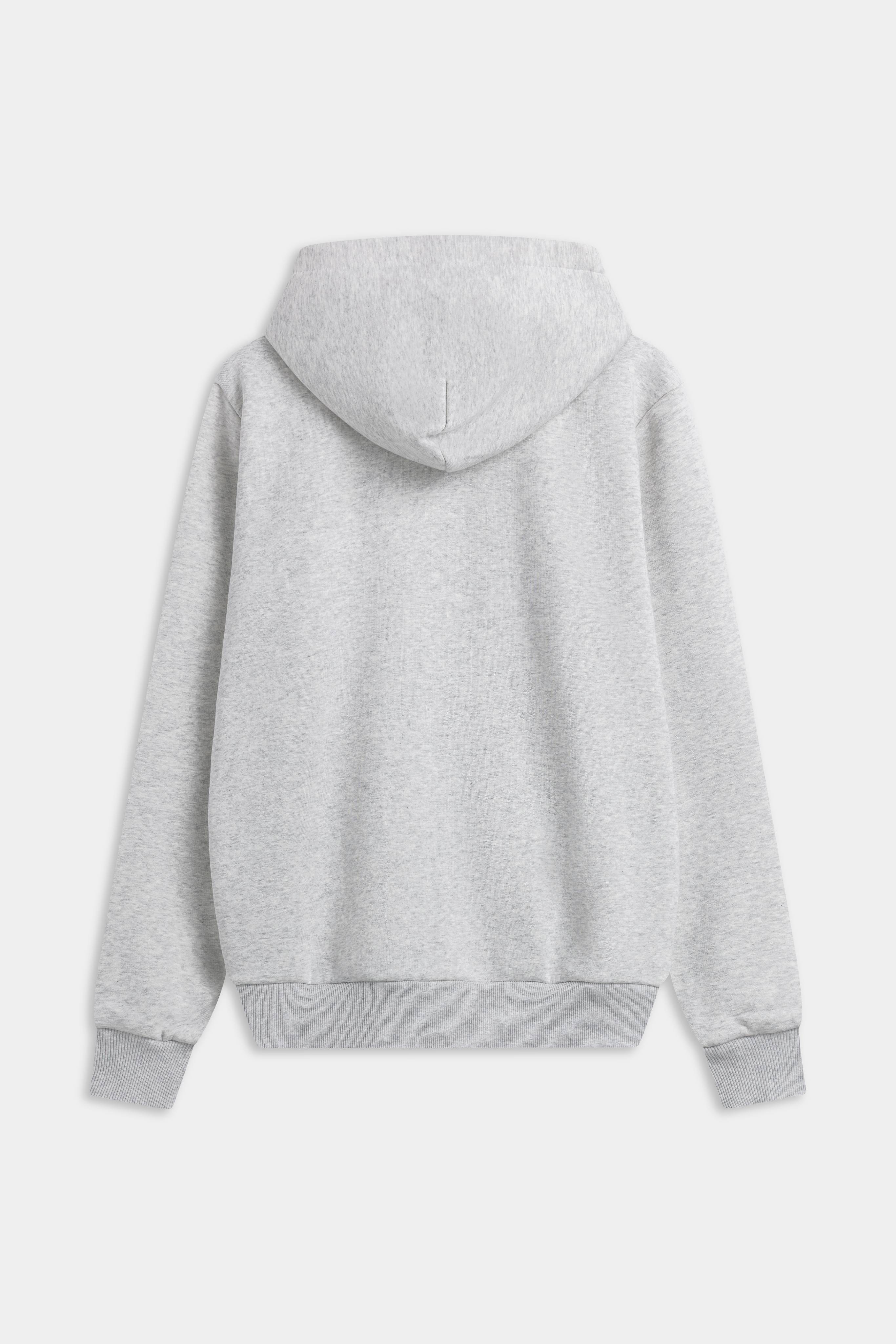Back view of a grey melange CASPARA CS zip hoodie on a light grey background.
