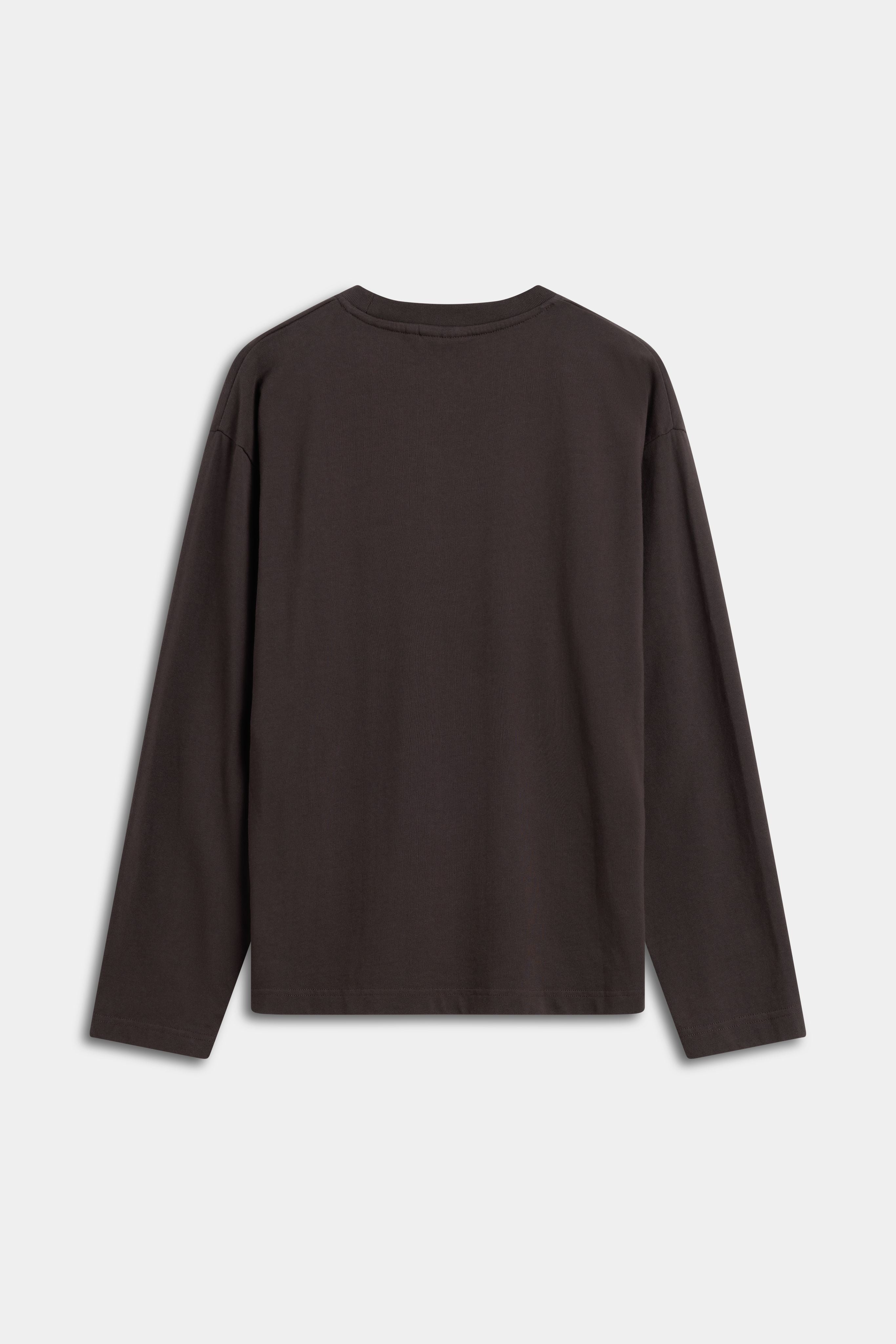 Back view of the espresso CASPARA CS Signature long sleeve t-shirt.