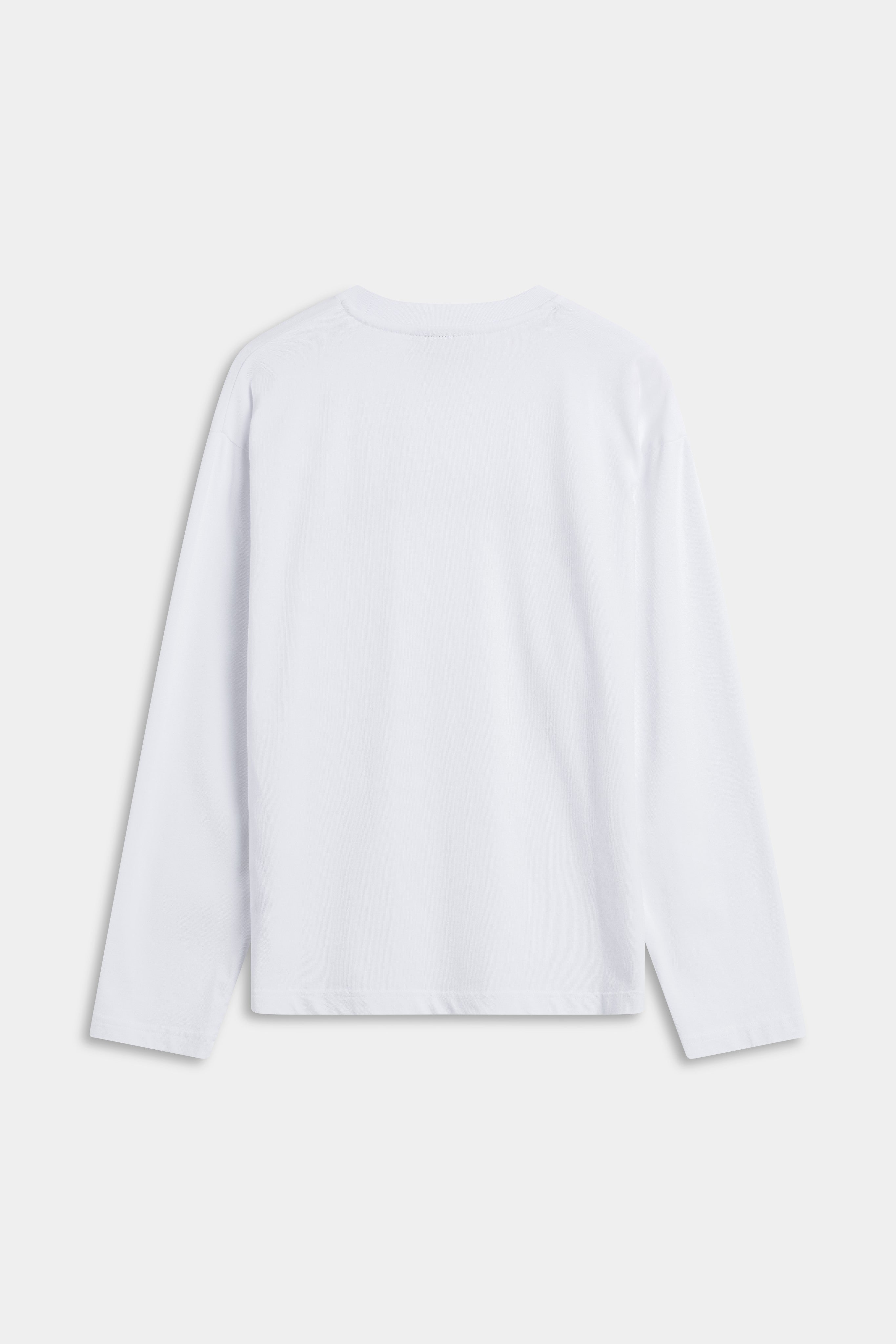 Back view of the white CASPARA CS Signature long sleeve t-shirt.