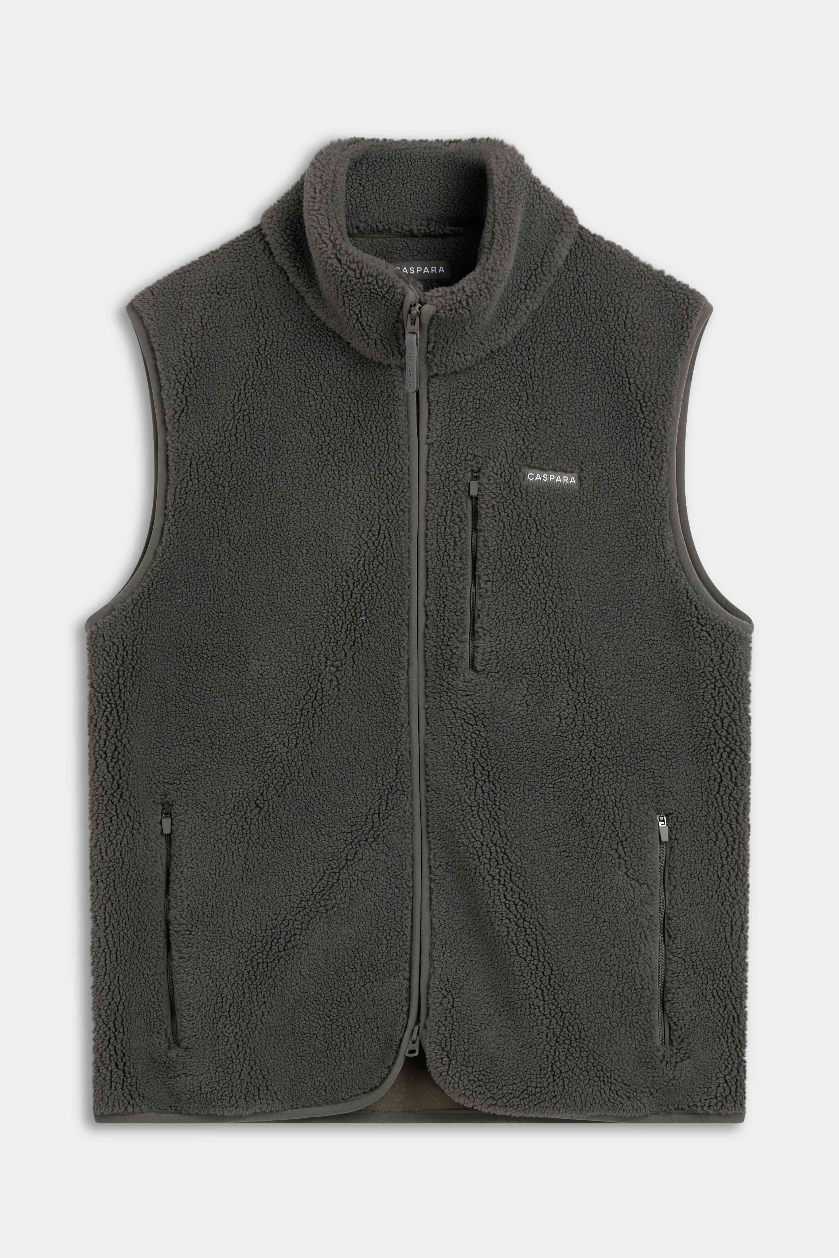 Front view of the CASPARA men's Cloudfleece vest in khaki.