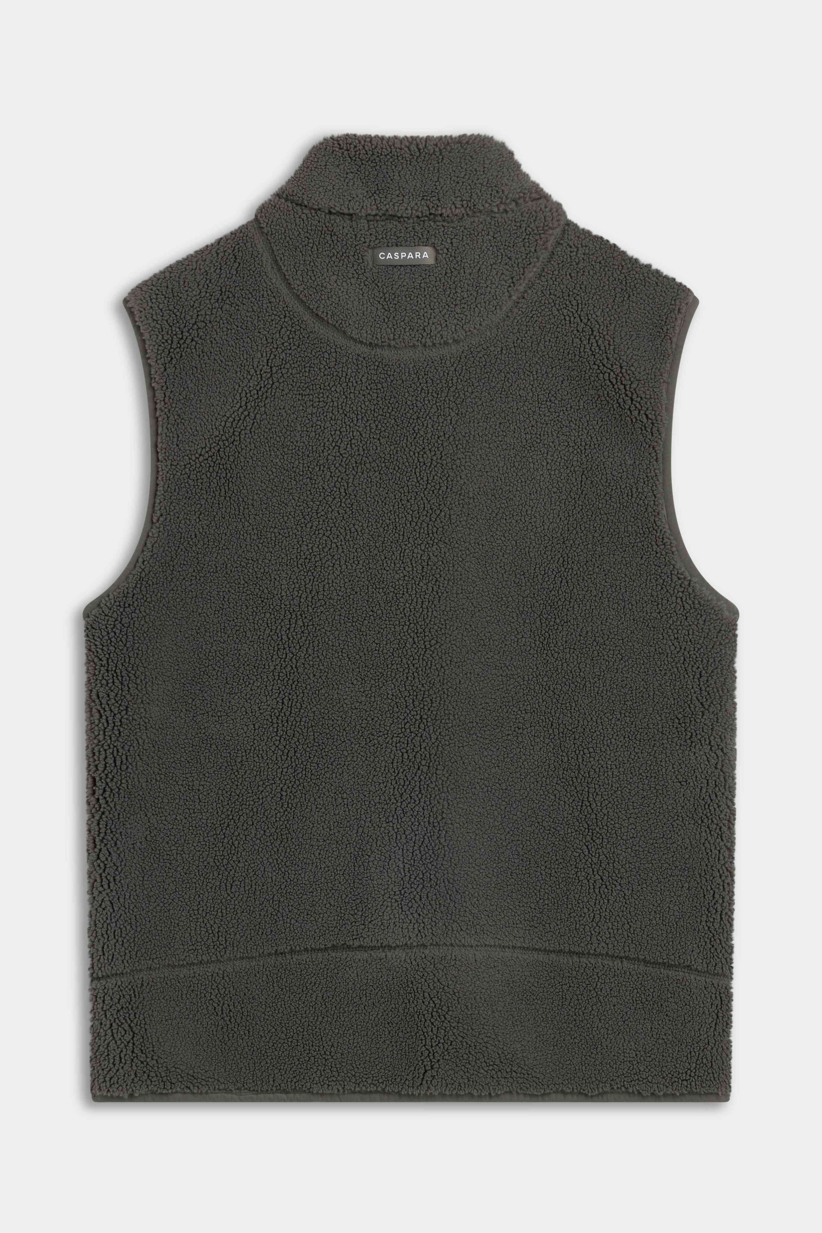 Back view of the CASPARA men's Cloudfleece vest in khaki, featuring a high stand-up collar and soft fleece texture.