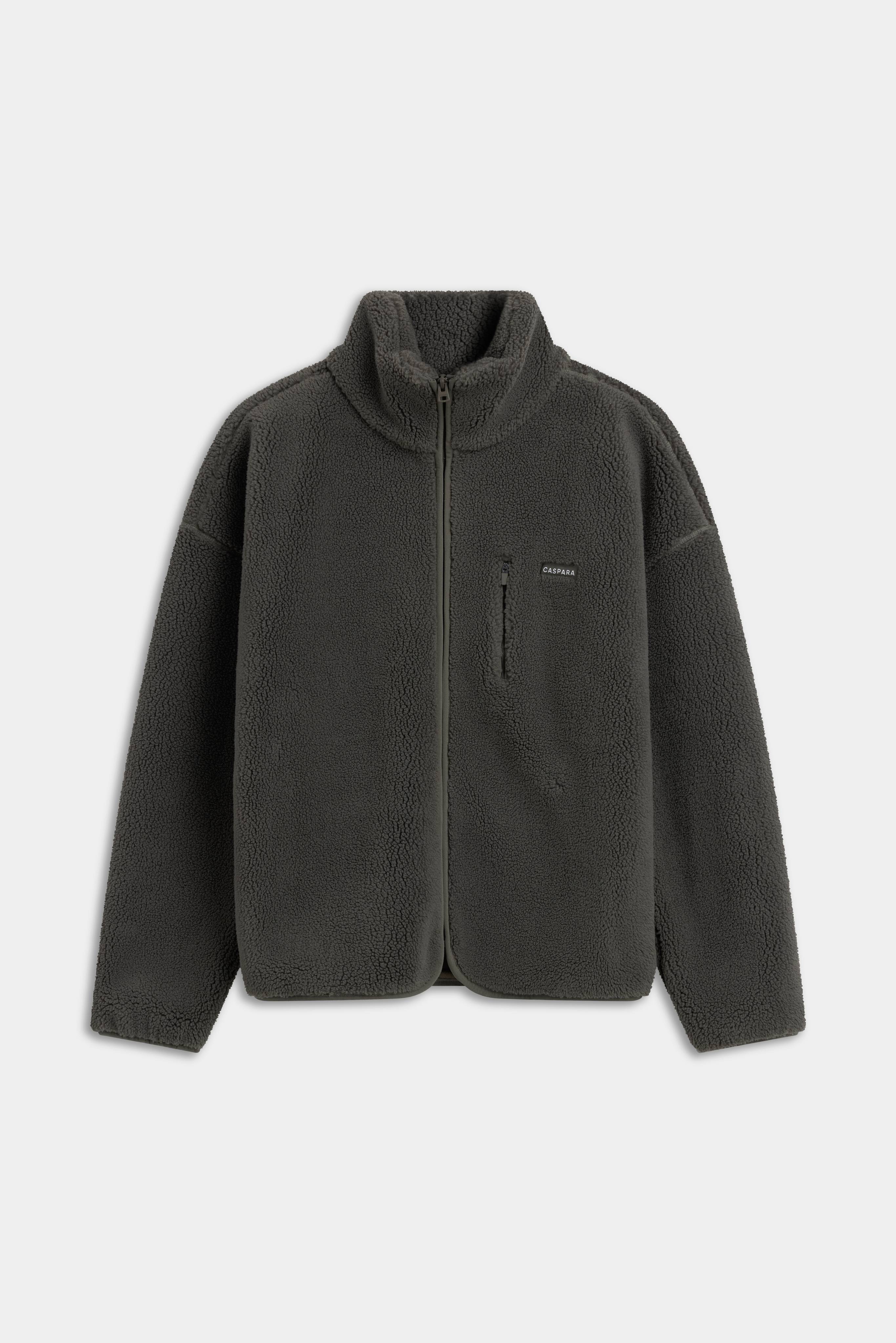 Front view of the CASPARA Cloudfleece jacket in khaki with a high collar and zippered chest pocket.