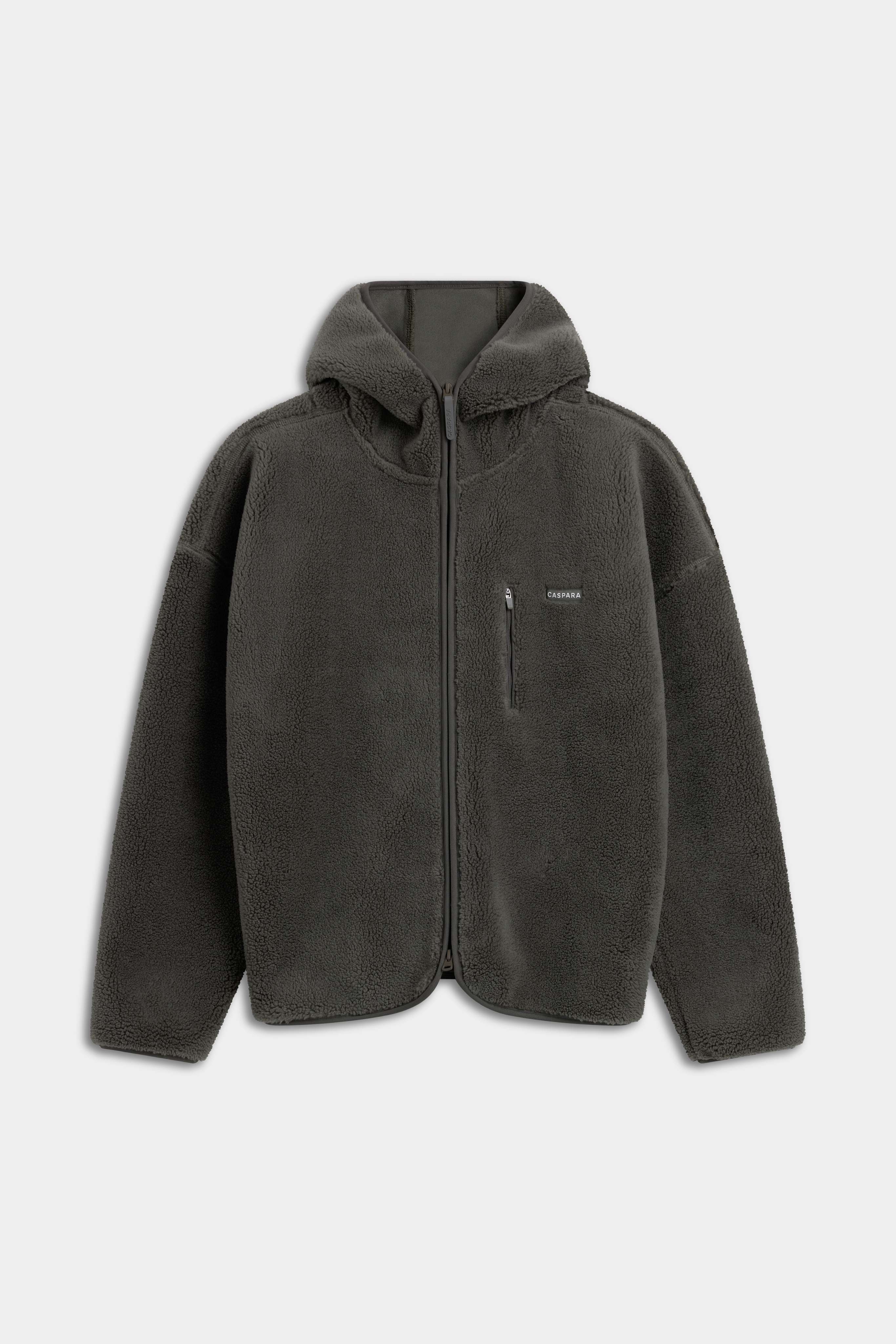 Front view of the khaki CASPARA Cloudfleece hooded jacket on a plain background.