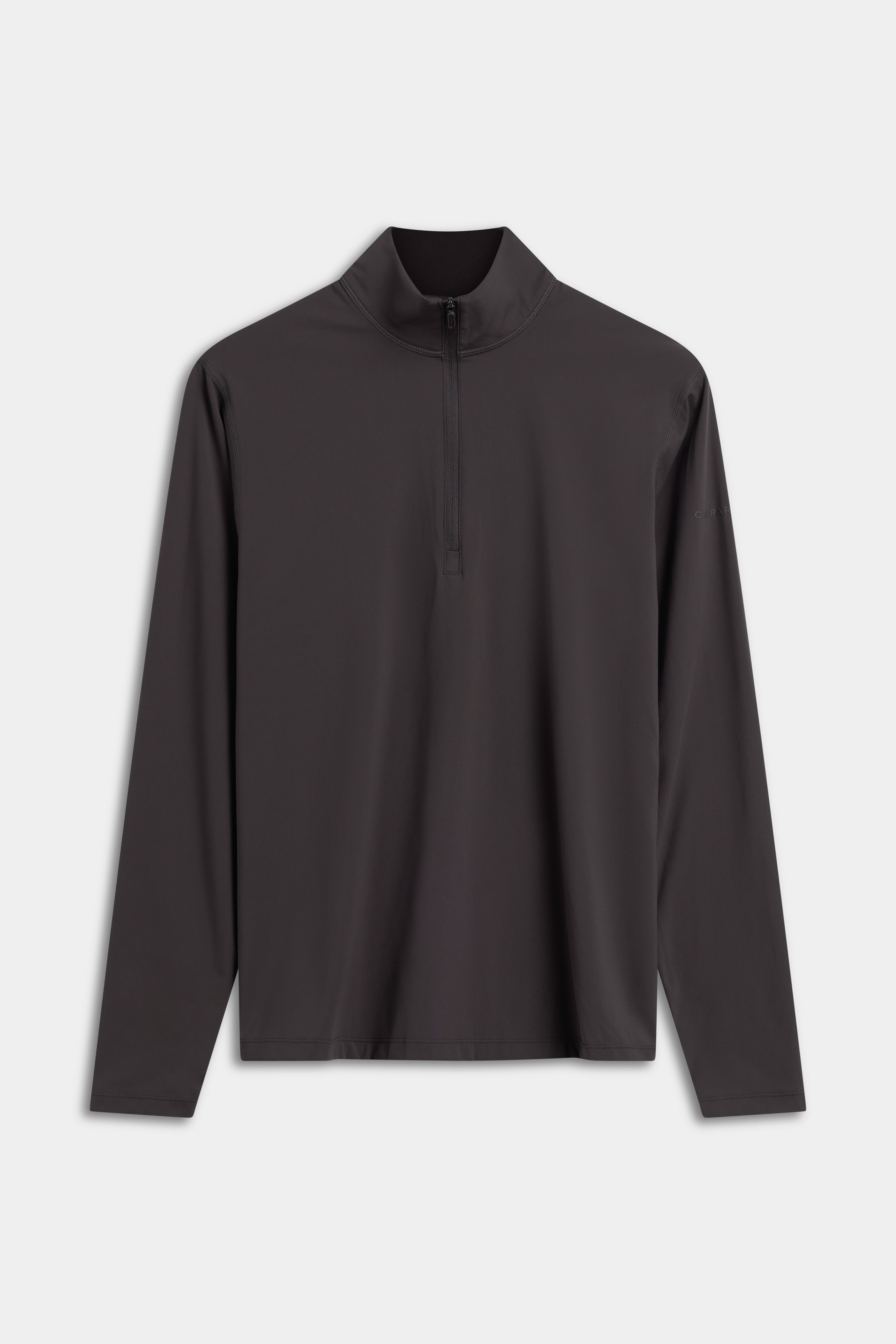 Front view of the CASPARA Prime Core Half Zip top in espresso.