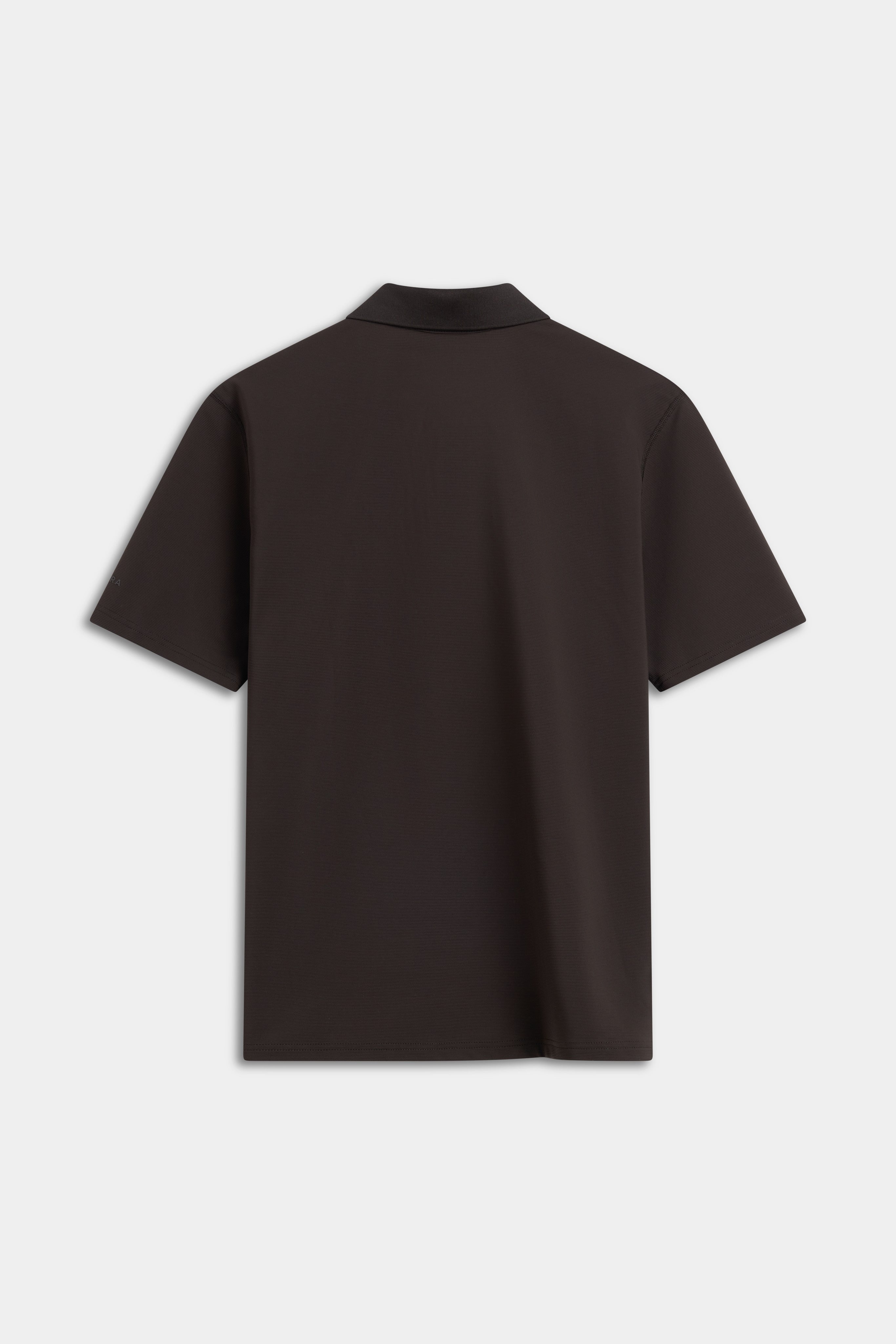 Back view of the CASPARA Vantage polo tee in espresso against a neutral background.