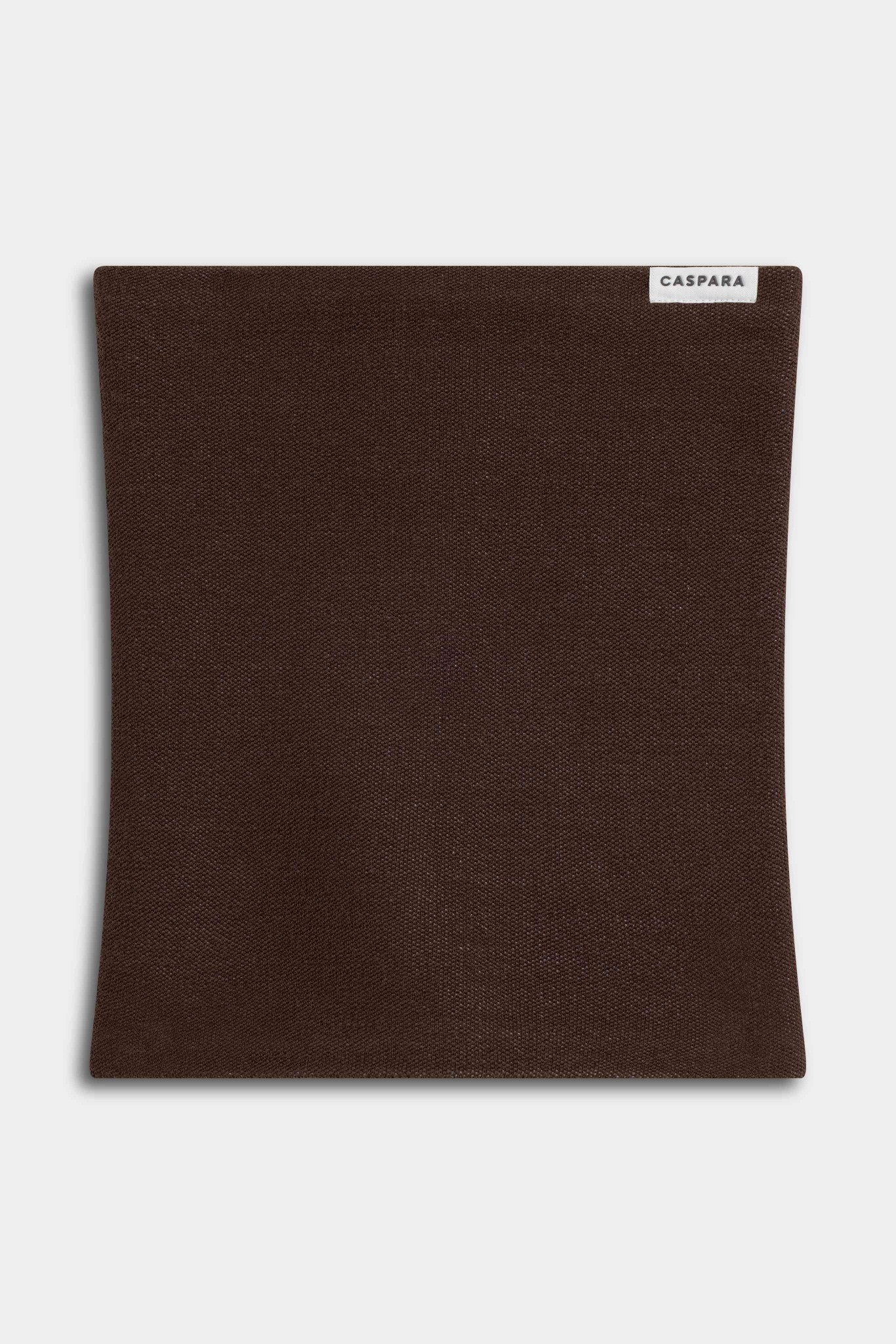 CASPARA Classic Neckwarmer in espresso brown knit, laid flat against a light grey background.