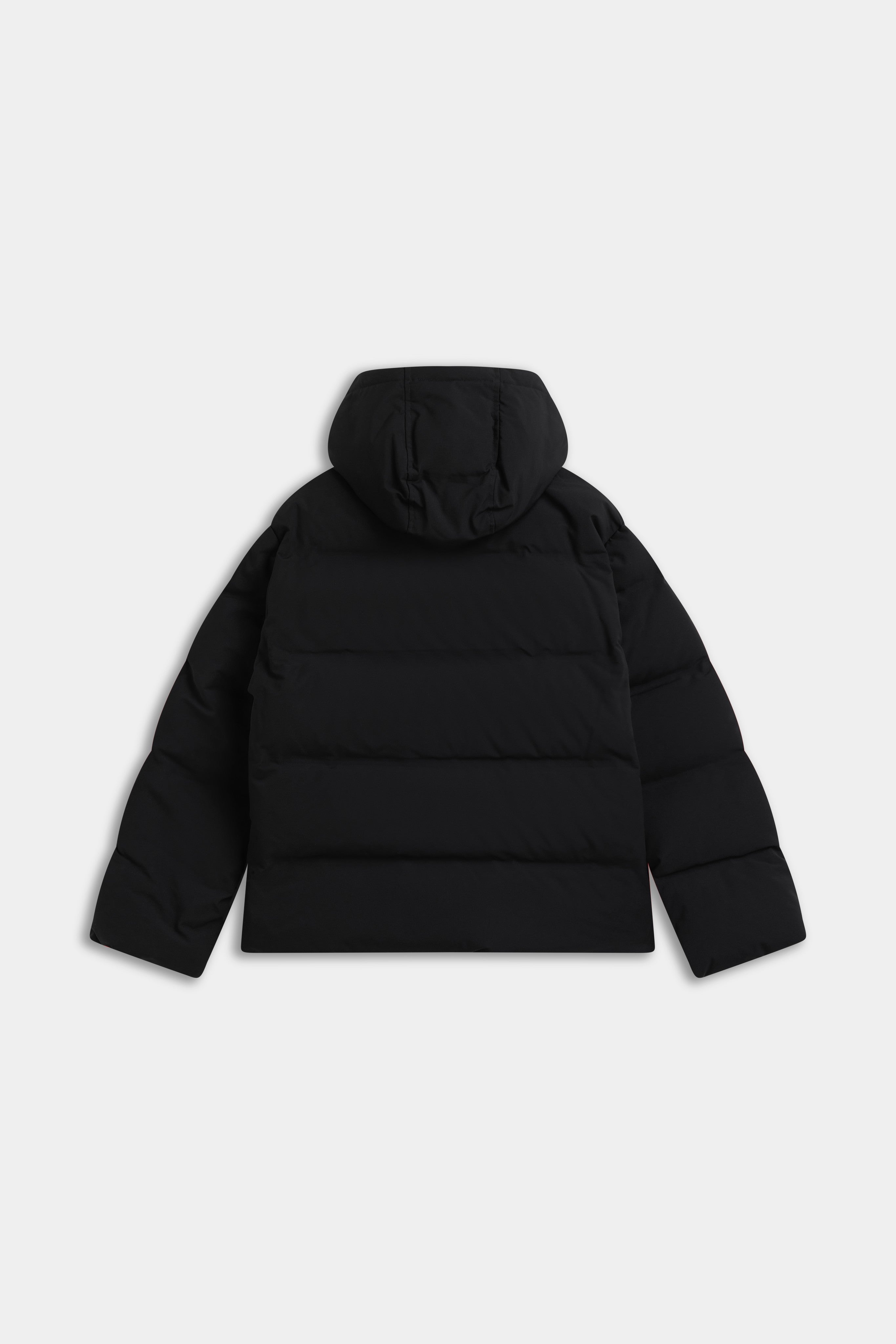 Back view of the CASPARA men's Boreal Puffer Jacket in black with hood.